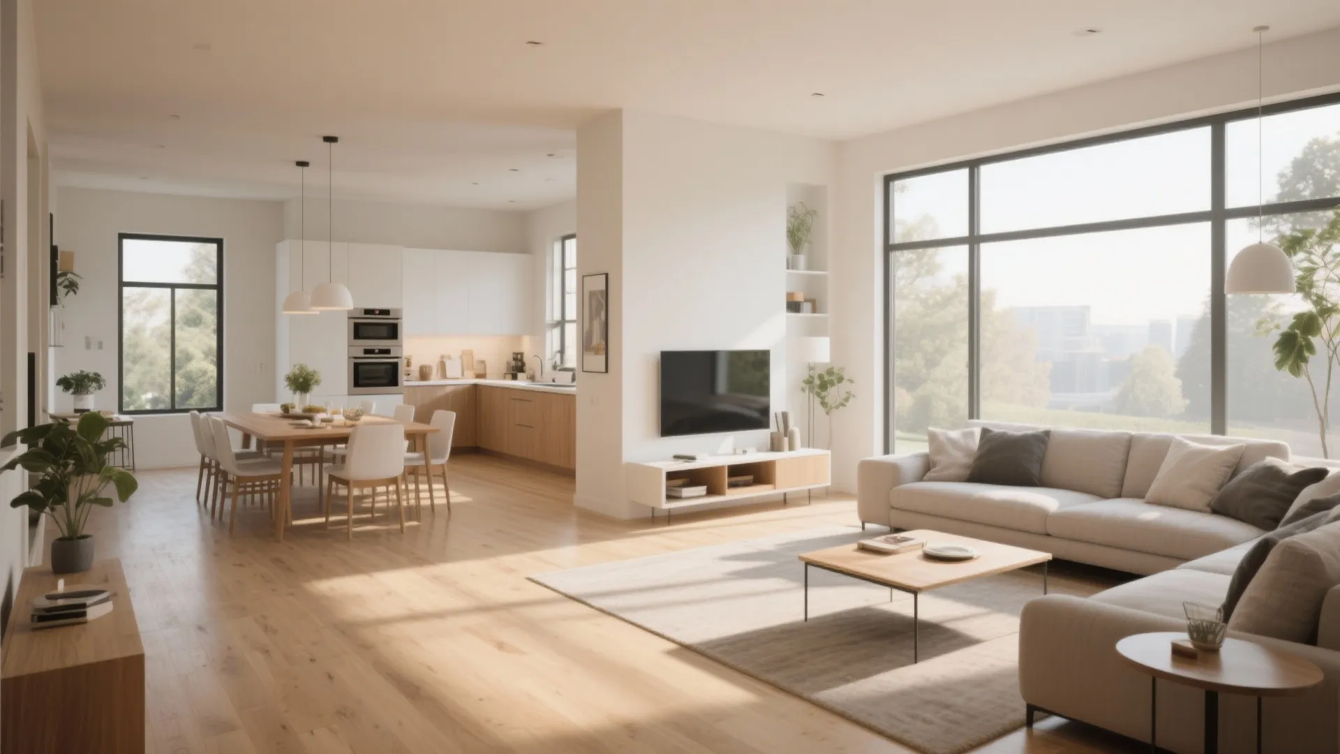 Bright open plan interior design drawing with wooden dining table kitchen and large sofa area