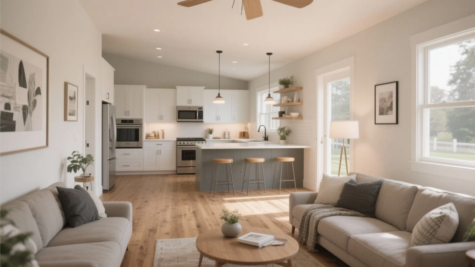 Modern open plan kitchen and living room with white cabinets grey island and wood floor