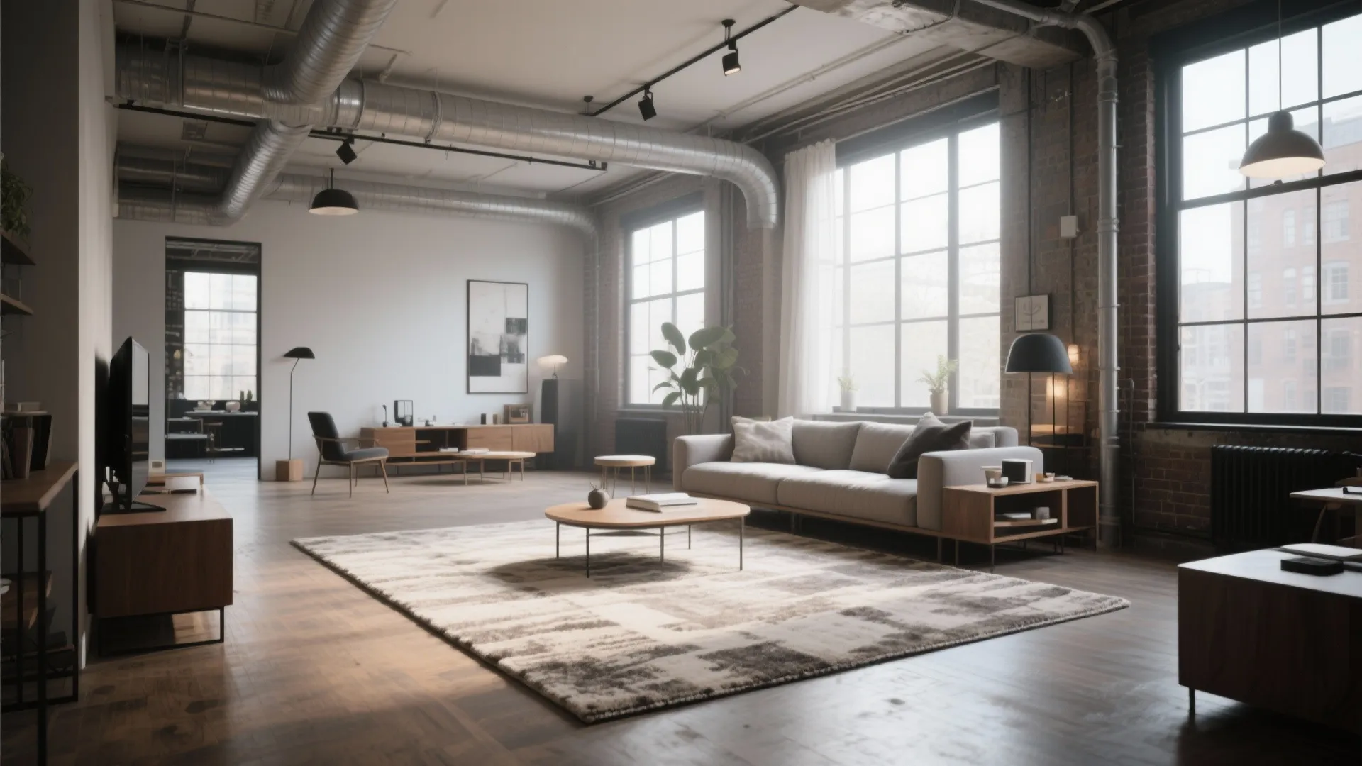 Industrial living room with exposed ceiling pipes, large windows, grey sofa, and a textured rug