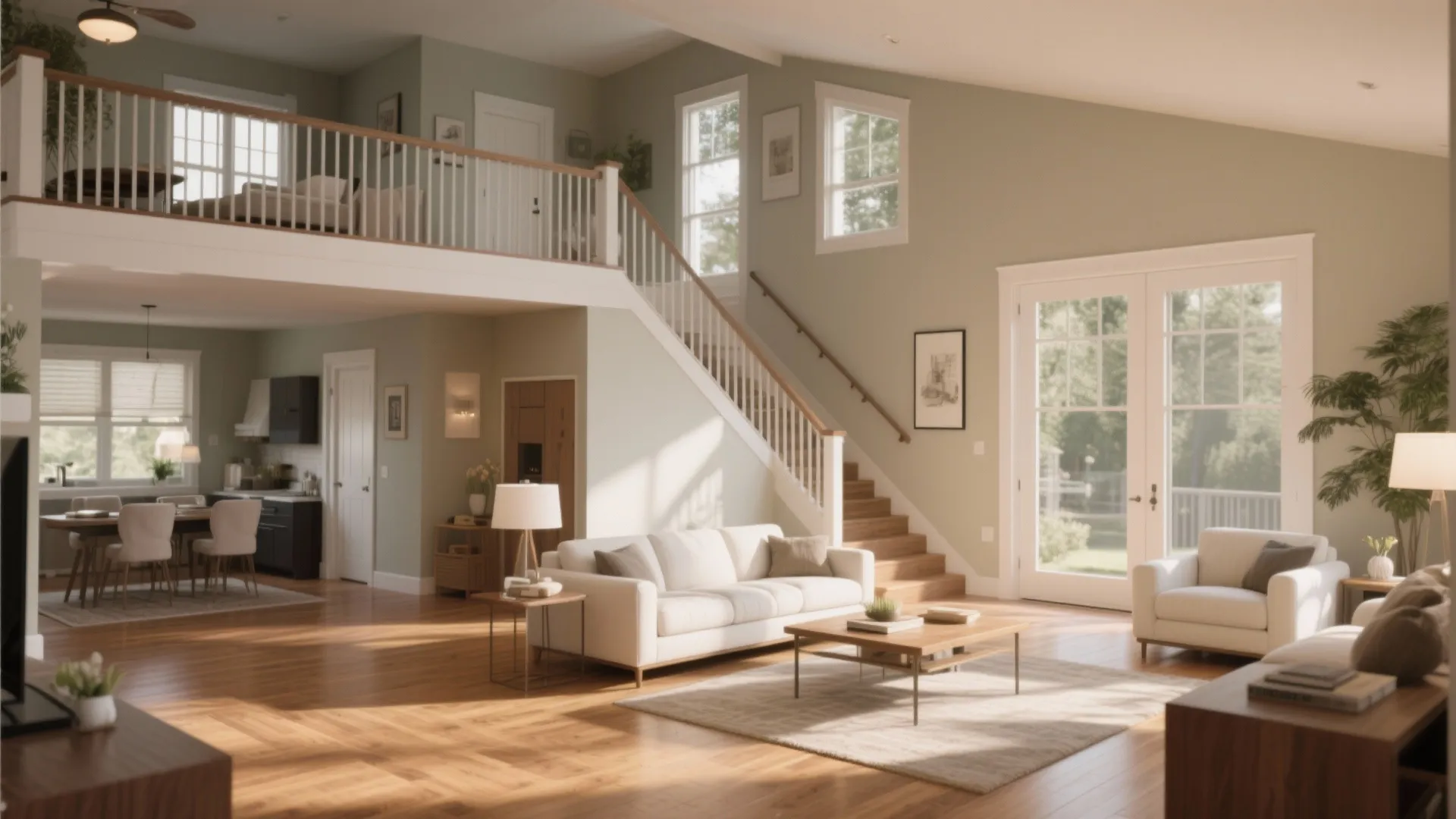 Bright open concept home interior with white sofa wooden floors staircase and second floor balcony
