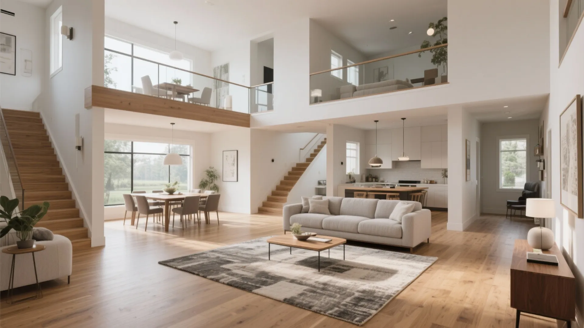 Bright open room layout with grey sofa wood flooring two wooden stairs and dining area