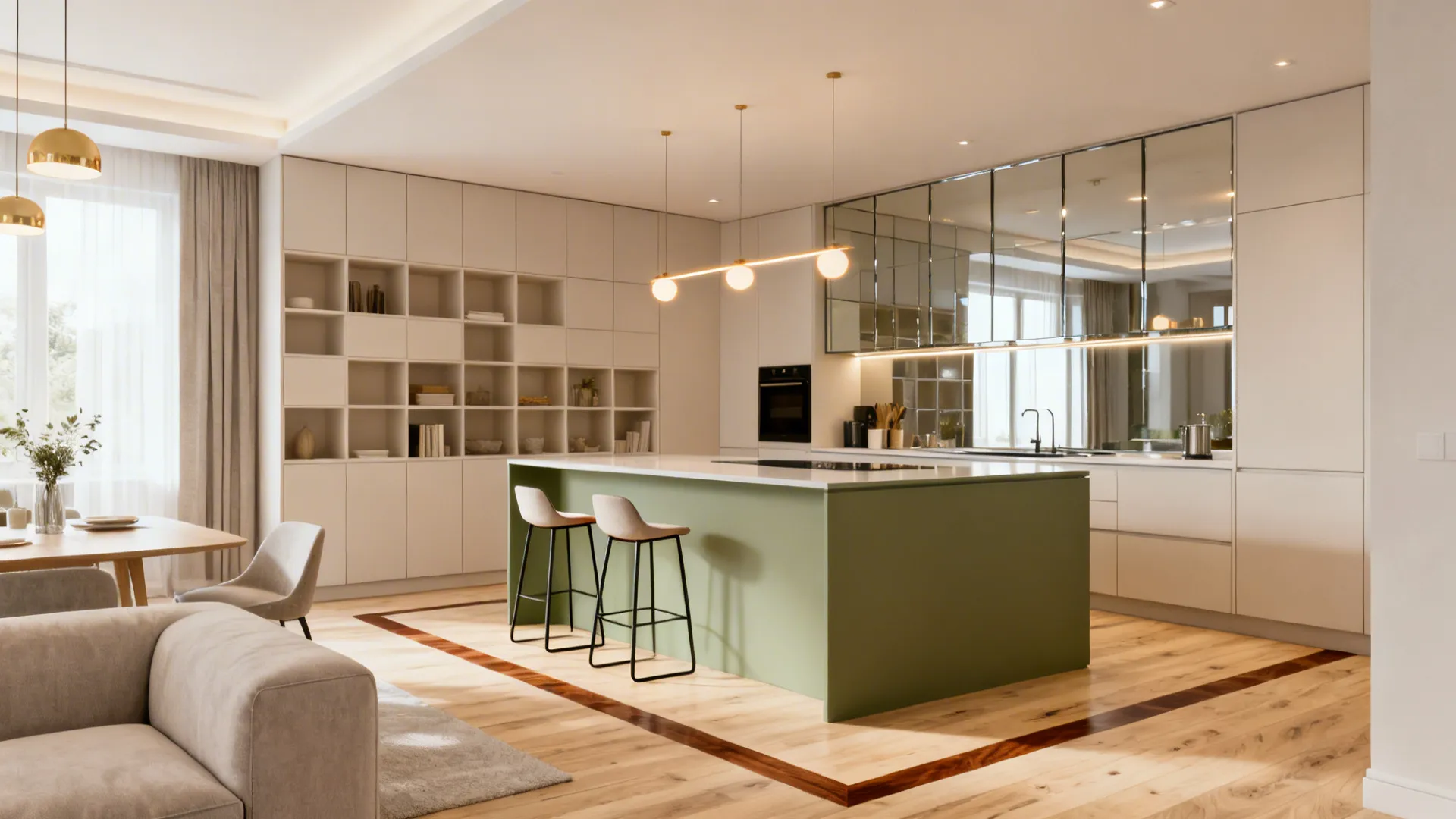 Spacious open plan kitchen design with green island stools white wall cabinets and wooden flooring