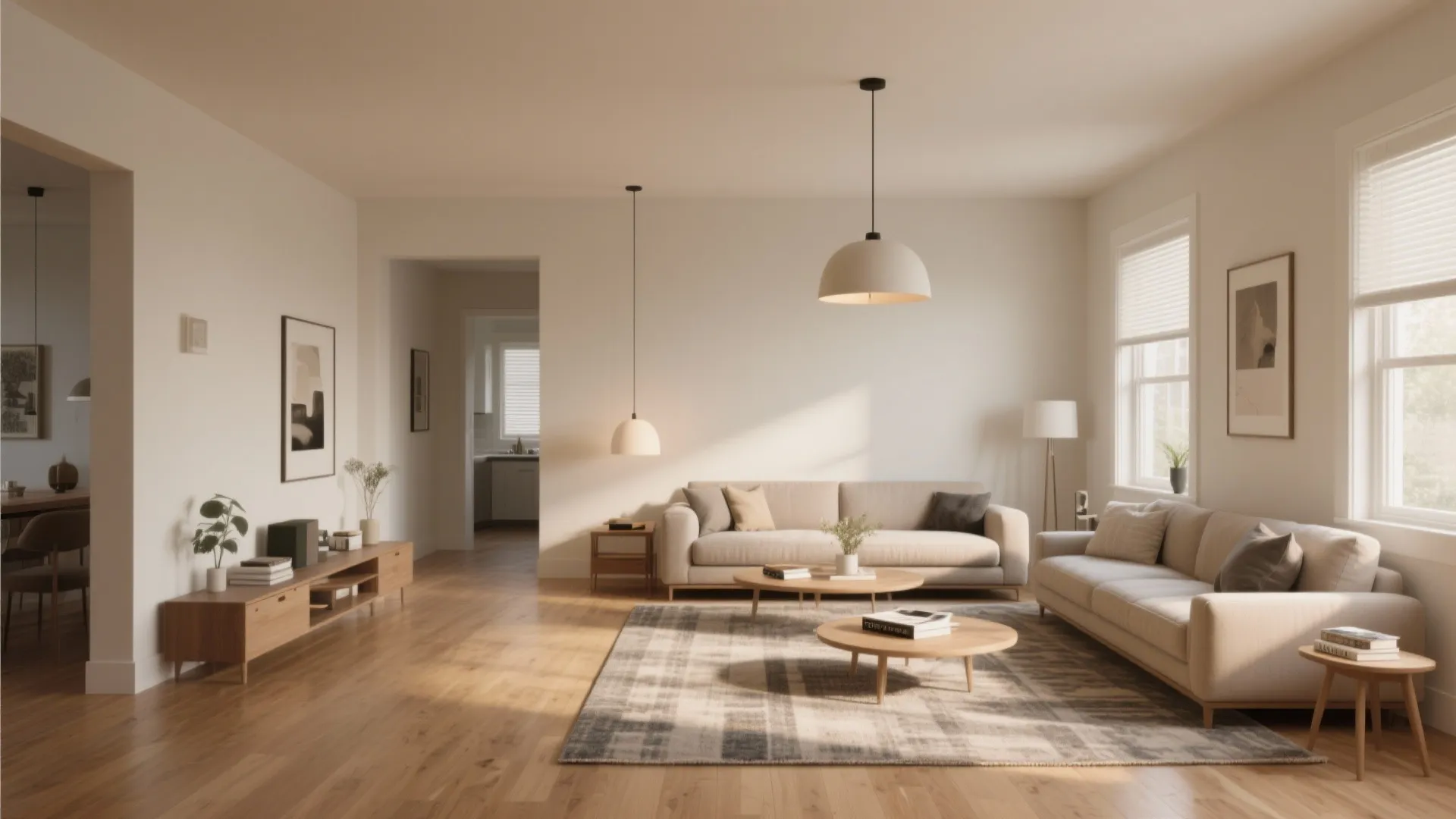 Spacious living room featuring white sofas round coffee tables wooden floor and hanging ceiling lights