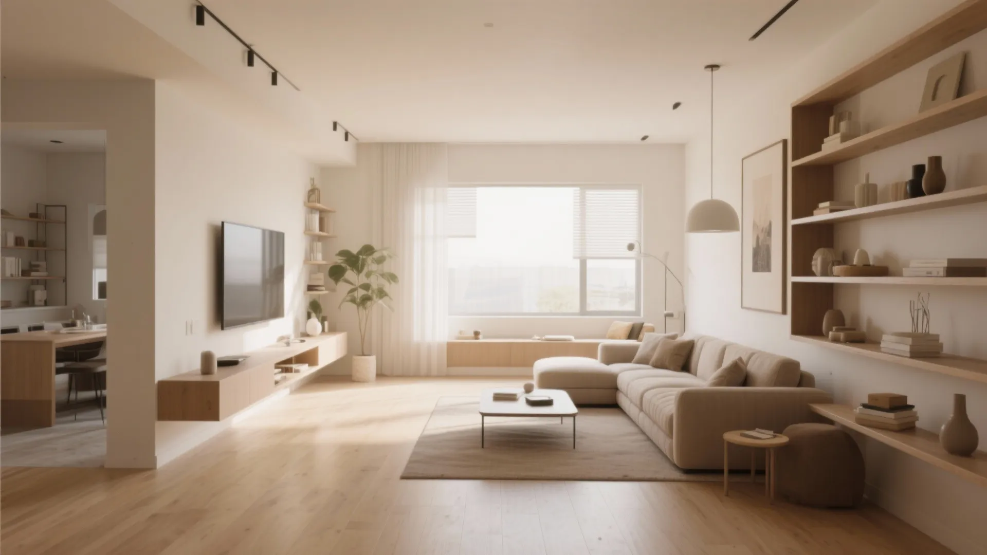 Bright open plan living room with beige sectional sofa wooden wall shelves and large television