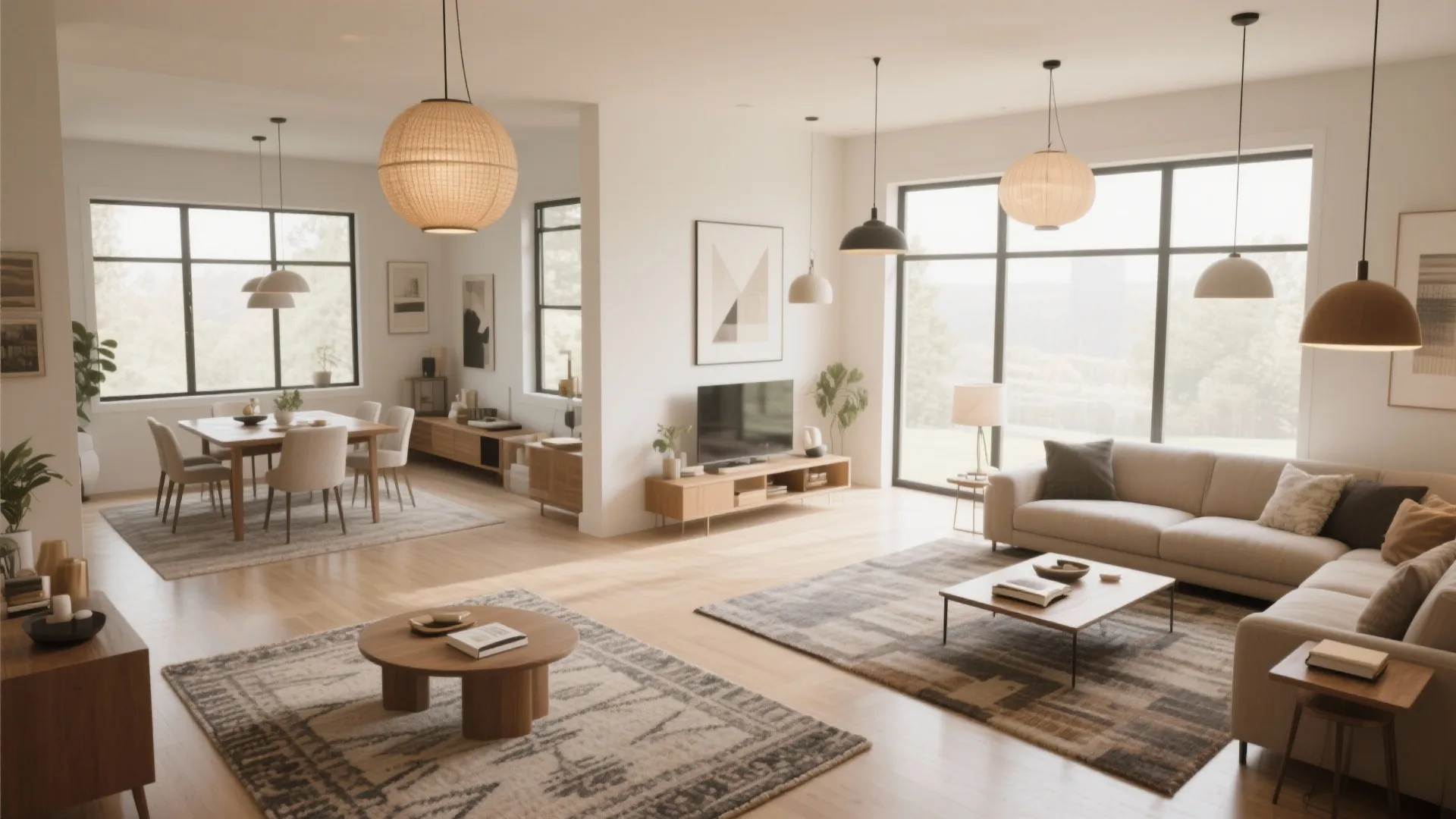 Modern open plan living room with cream sofa wood cabinets round coffee table and ceiling light