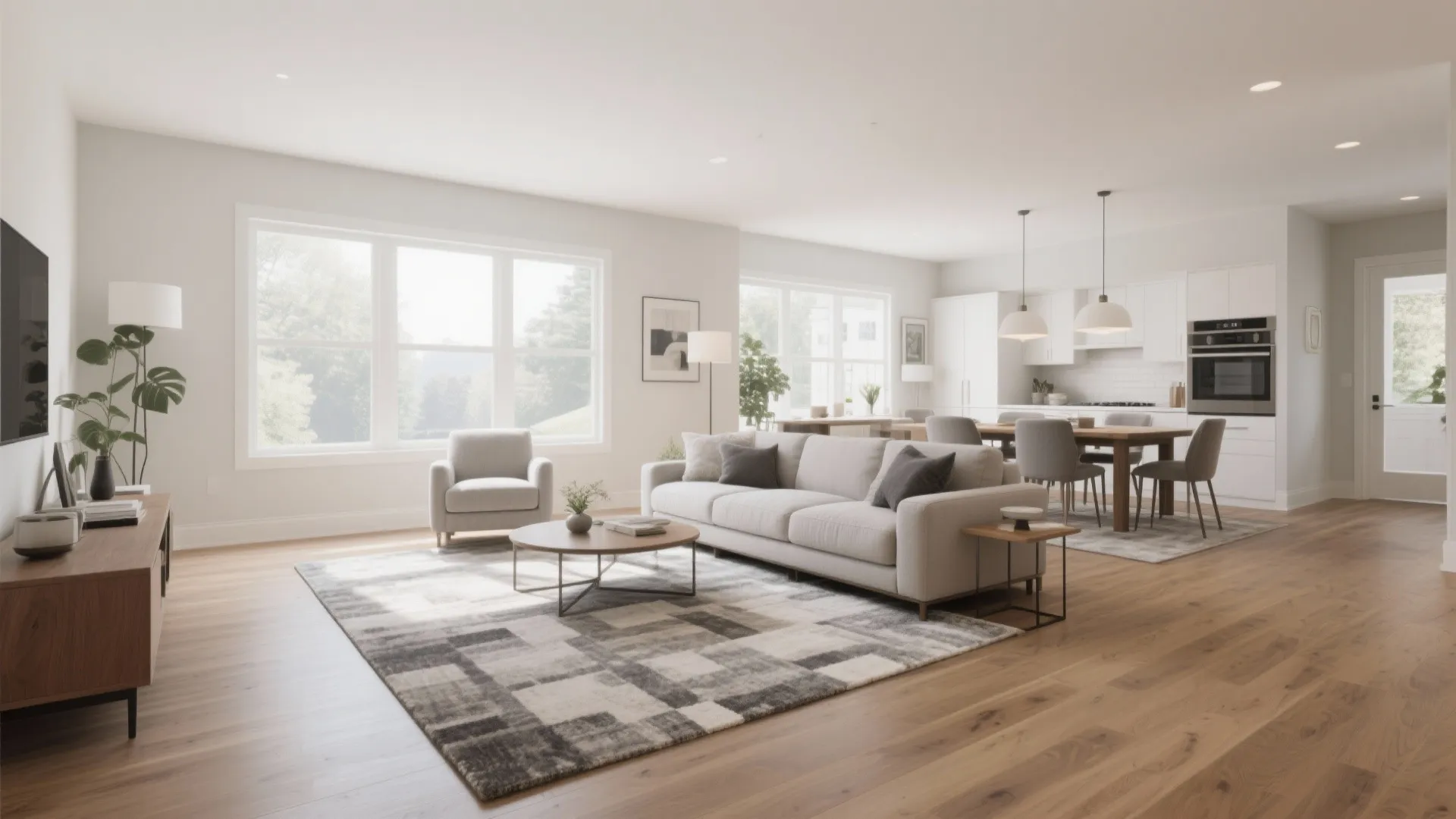 Modern open plan living area with white sofa grey rug wooden floors and dining table