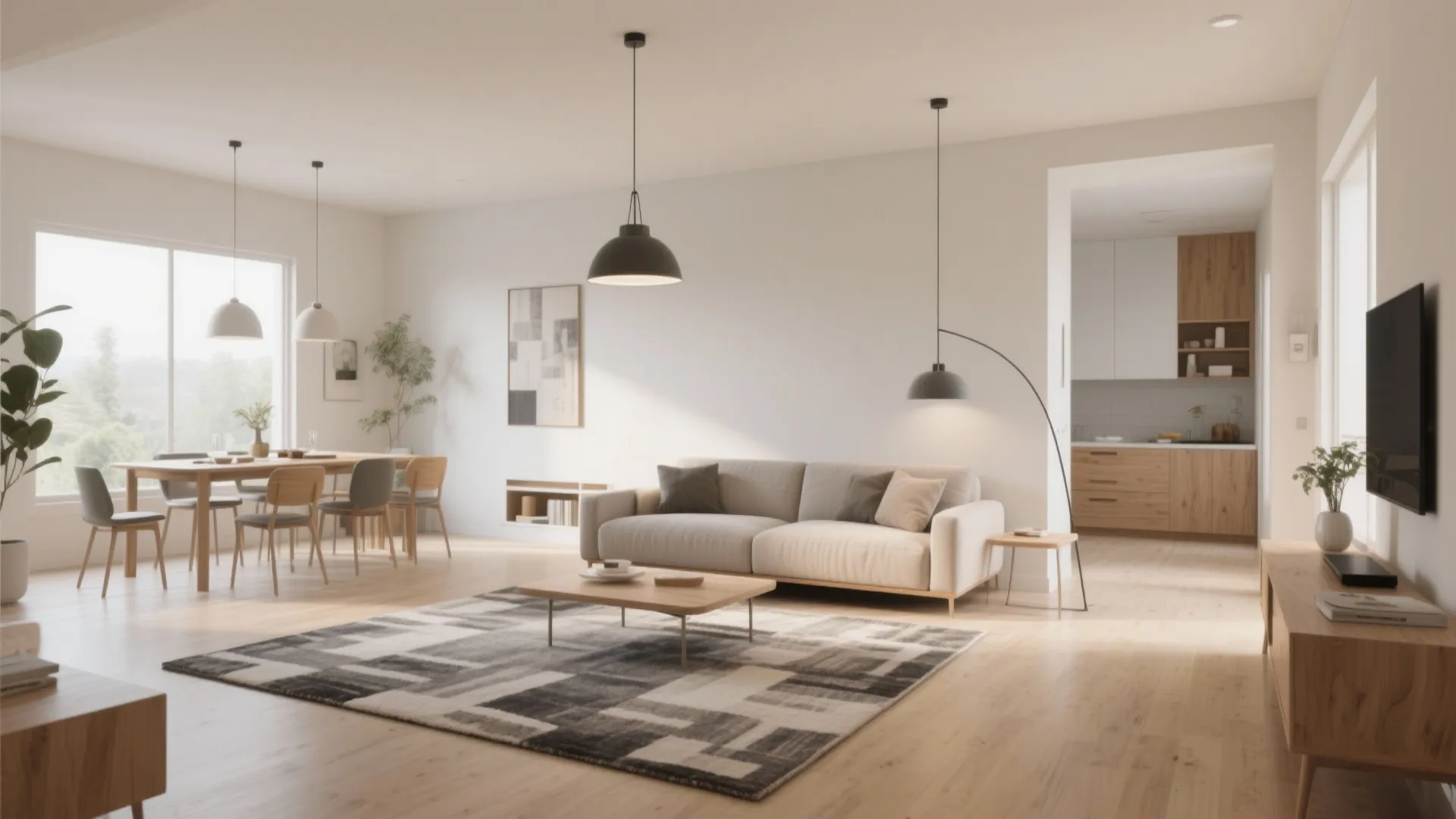 Modern open plan living room featuring beige sofa dining table black ceiling light and wooden floor