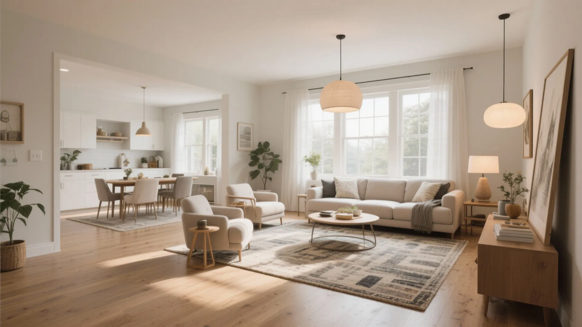 Open plan house featuring white kitchen dining area living room with ceiling light and wood floors