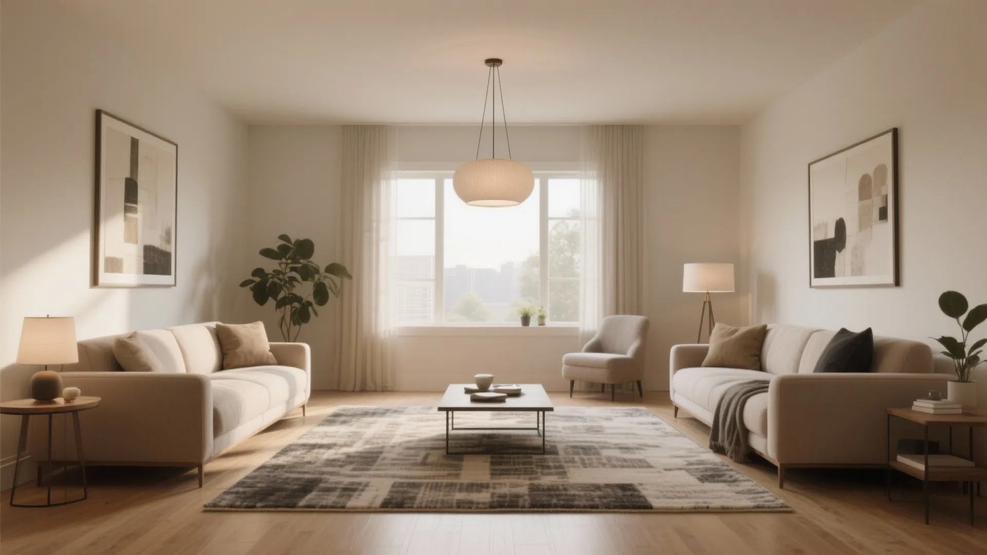 Symmetrical living room featuring two beige sofas facing each other with a central ceiling light