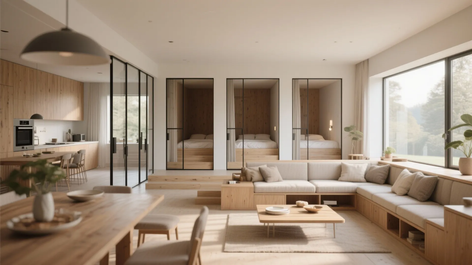 Open-plan living, dining and kitchen with sliding partitions revealing bedroom alcoves.