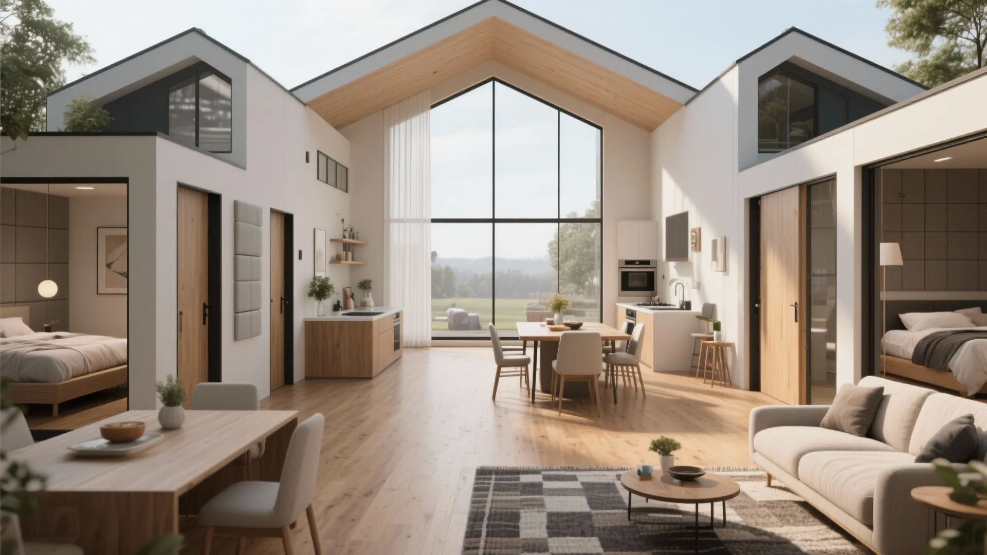 Spacious open plan living area with high ceiling large windows wooden floor and simple furniture