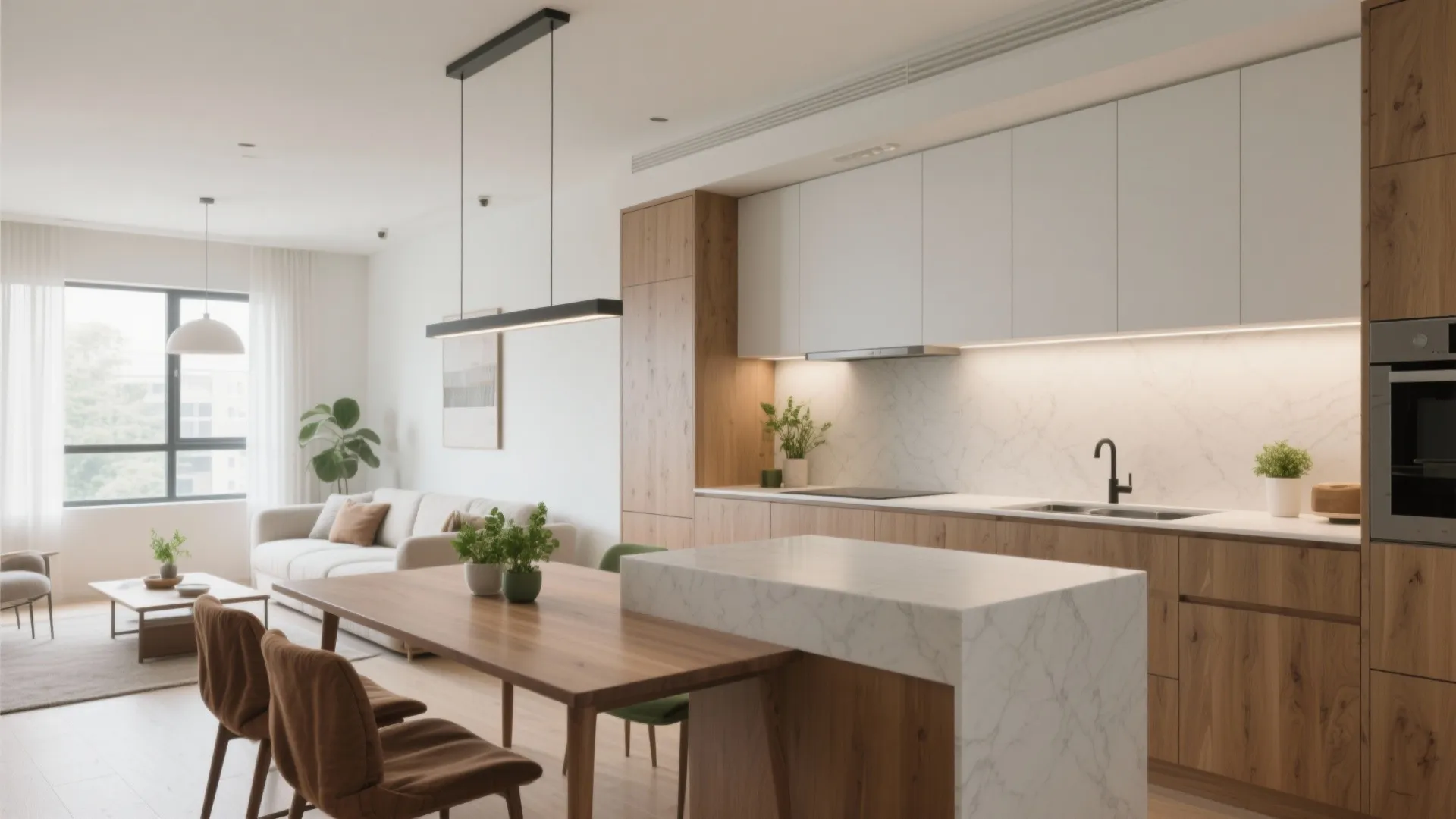 Modern kitchen with white cabinets wood island dining table brown chairs and living room background