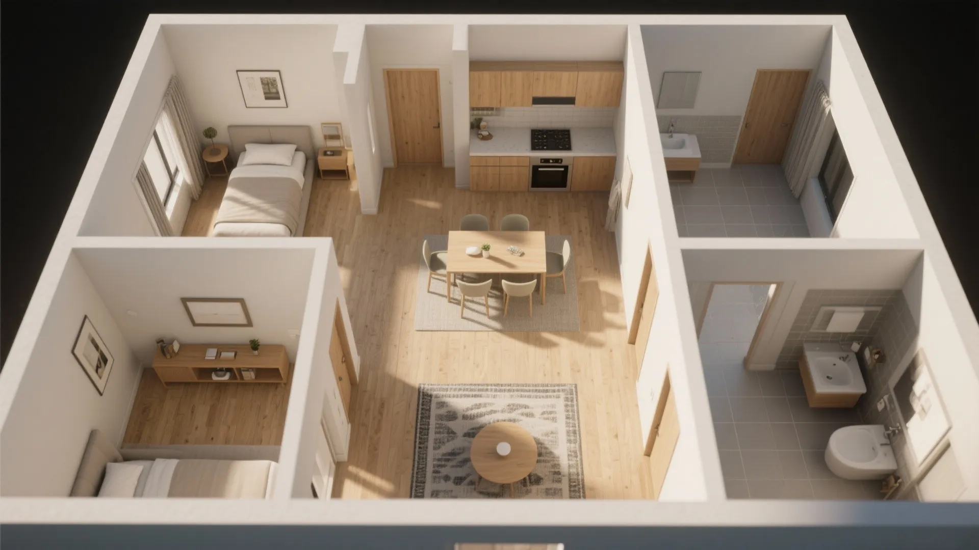Three dimensional interior design drawing of a modern apartment including two bedrooms kitchen and dining area