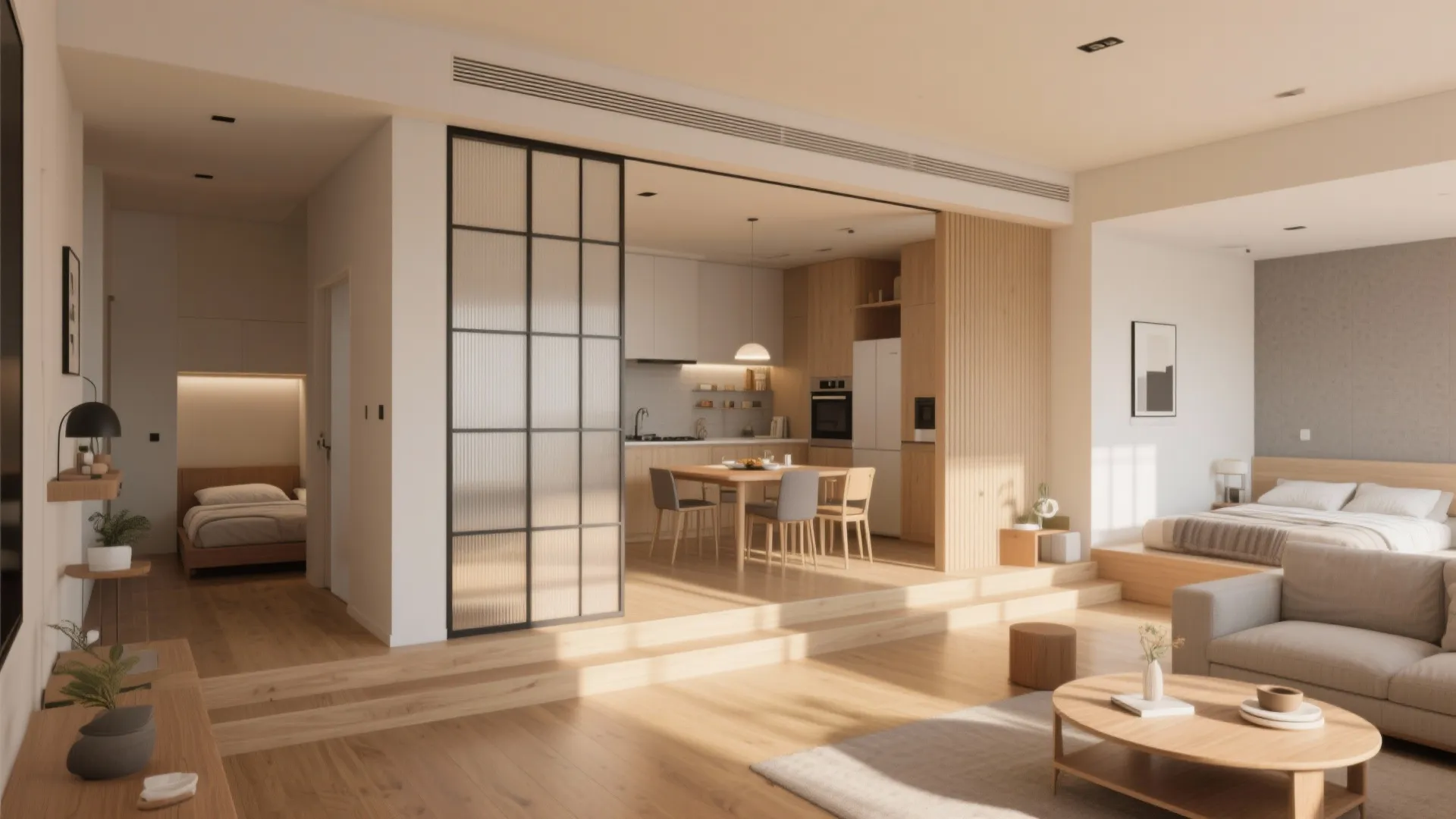 1. Open-plan core with pocketed private rooms