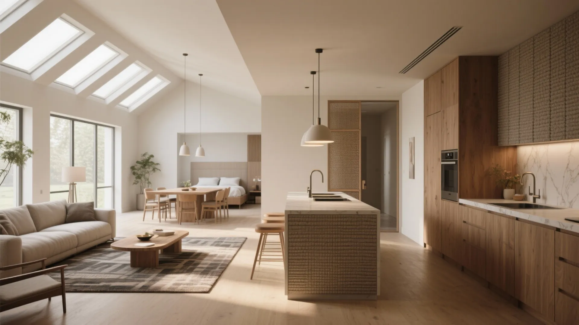 Open-core living-dining-kitchen with short corridor leading to bedroom wing and partial screens.