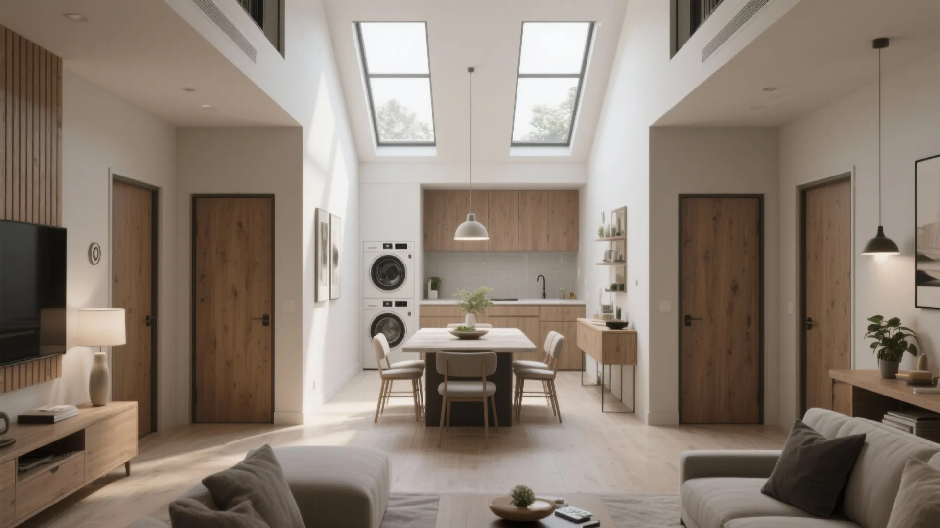 Central open-plan living, dining and kitchen with bedrooms split on either side and a small foyer wall