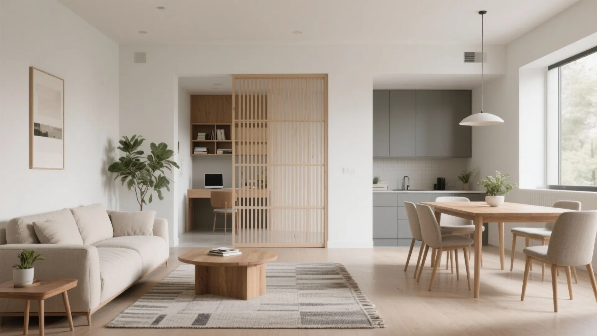 1) Open living–dining core with a study pocket