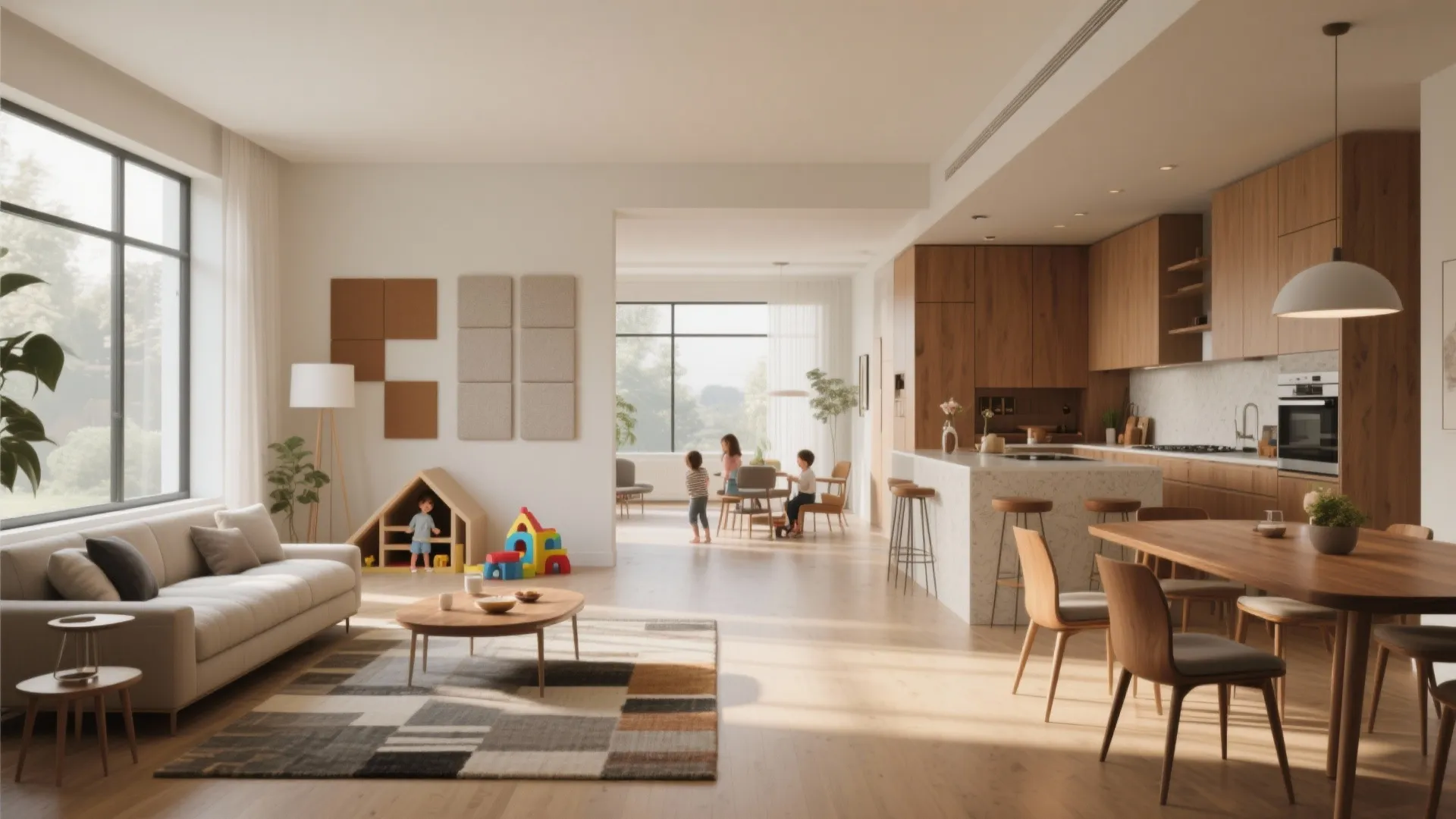 Open-core living, dining and kitchen with partial walls and low cabinets defining zones.