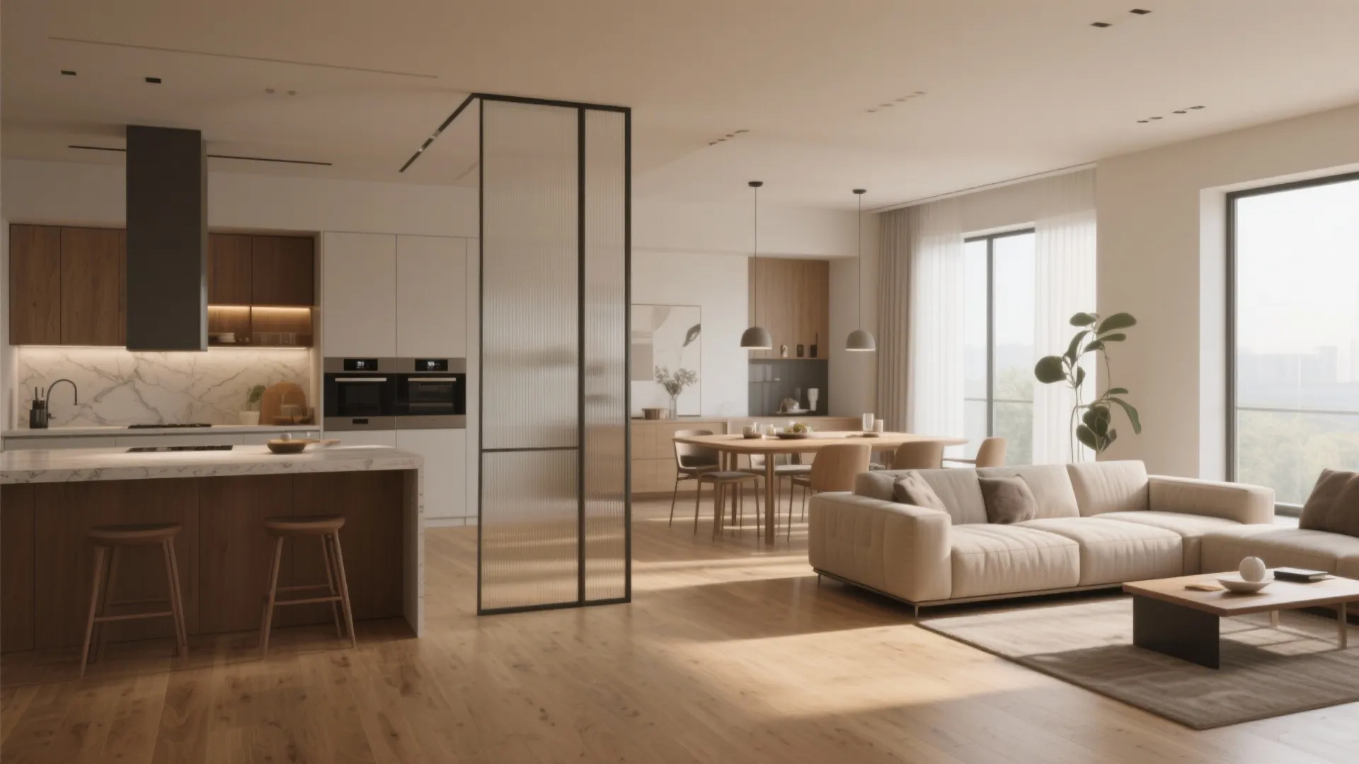 Open plan living room with beige sofa wood floor glass divider and a modern dining area