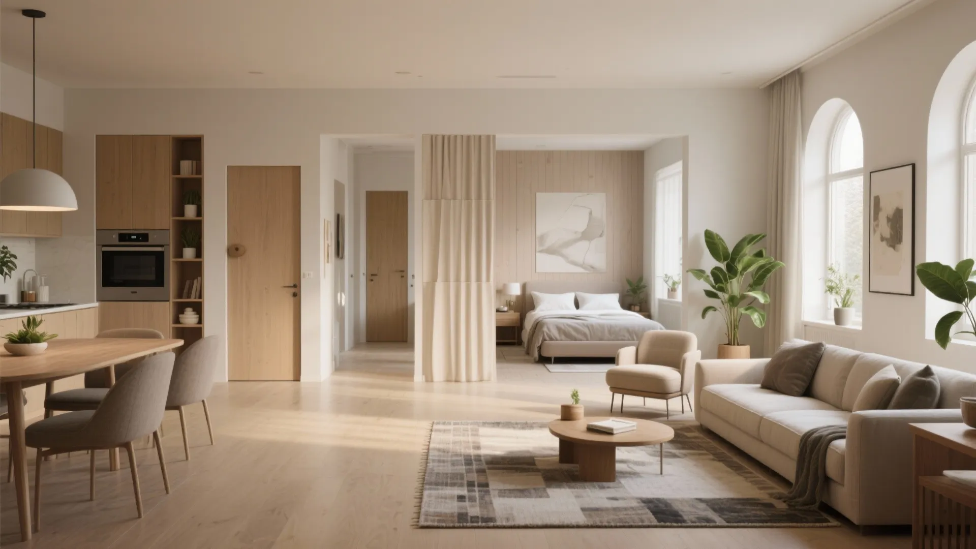 Open living, dining and kitchen core with bedroom doors staggered for privacy and soft finishes.