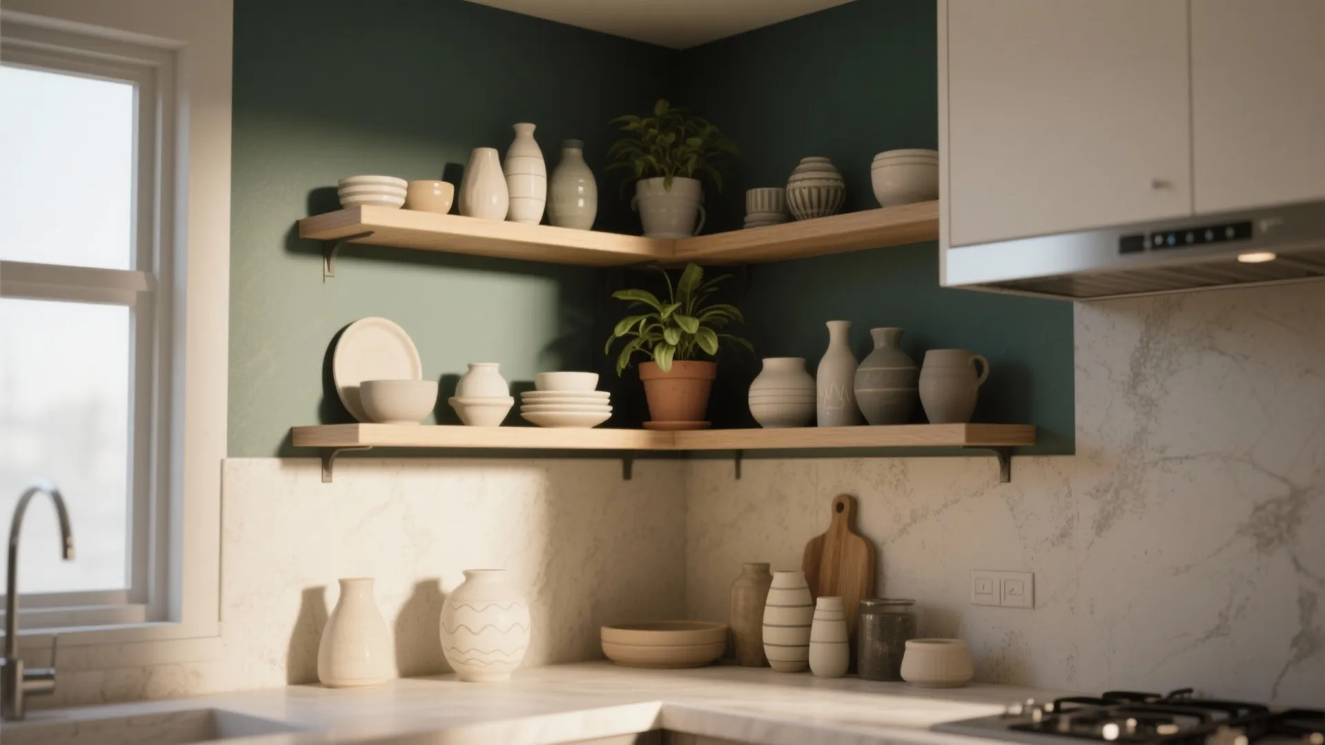 Kitchen corner with green wall featuring two wooden floating shelves holding pottery and small plants