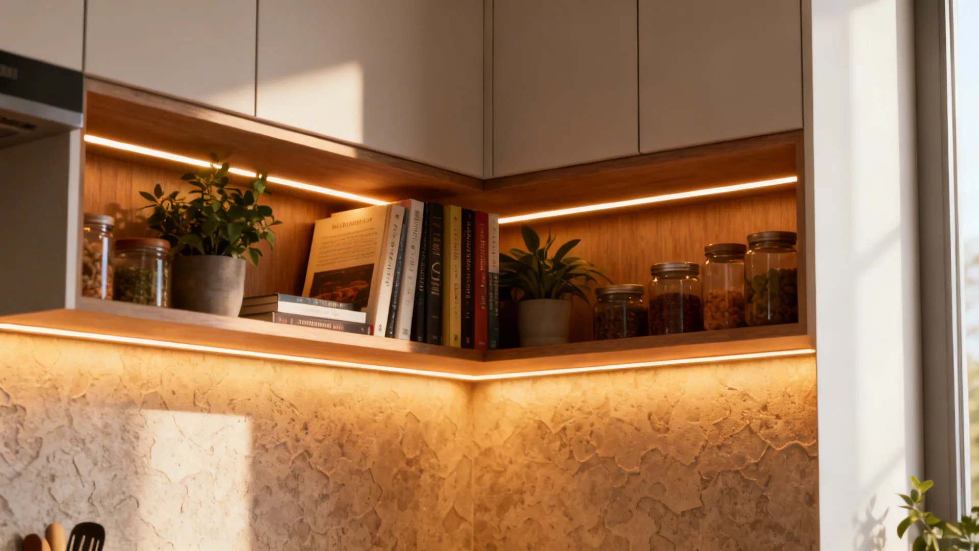 Open corner niche with LED strip lighting showing cookbooks, plants, and jars