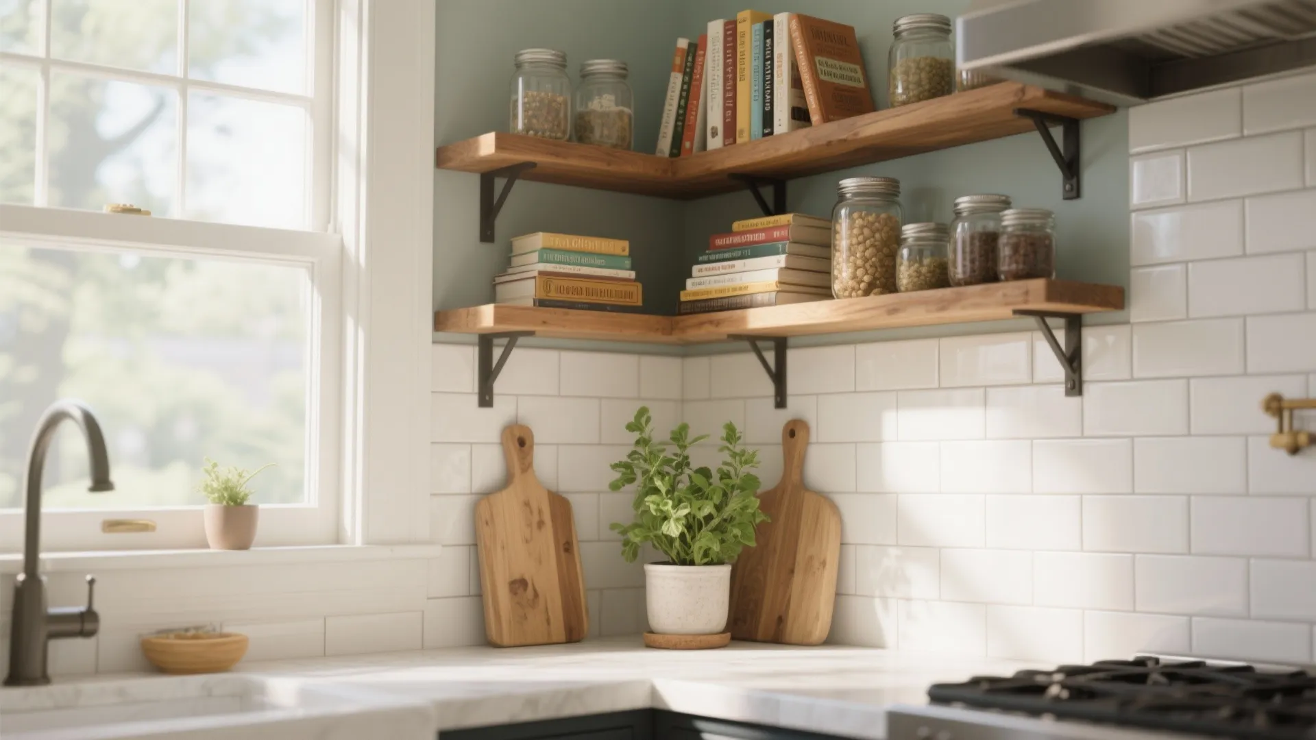 Modern kitchen corner with wooden floating shelves holding books and jars above white tiled wall