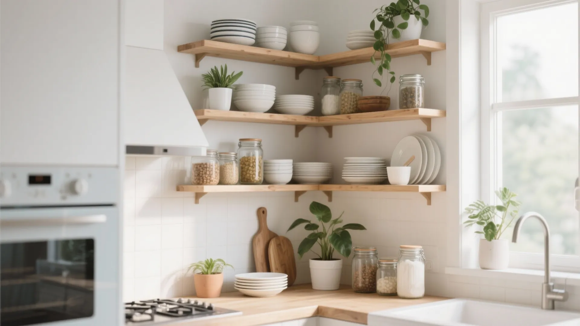 Kitchen corner with wooden shelves holding white bowls plates glass jars and small green plants