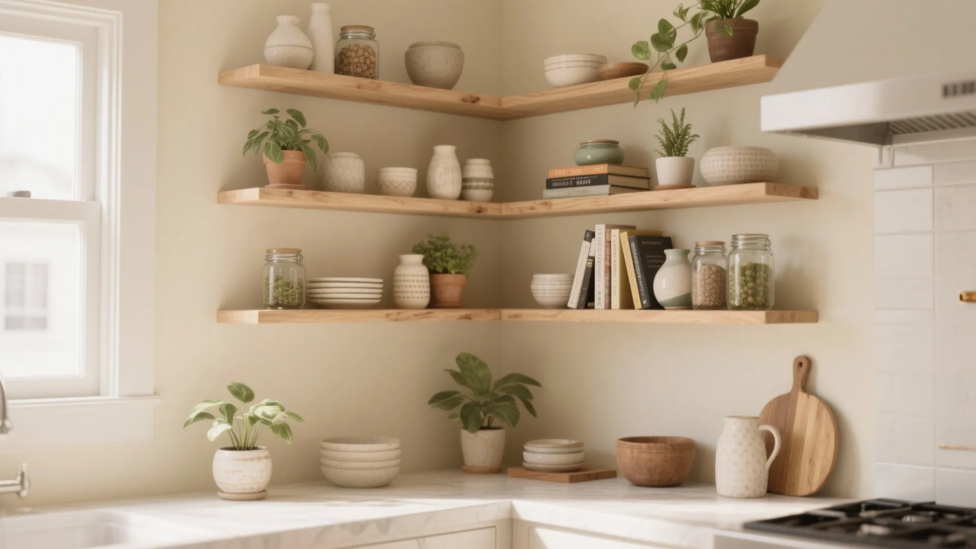 Modern kitchen corner with wooden wall shelves holding plants books jars and white ceramic bowls