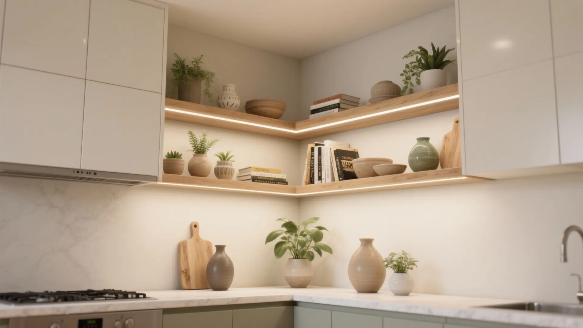 4. Open floating corner shelves for style and display