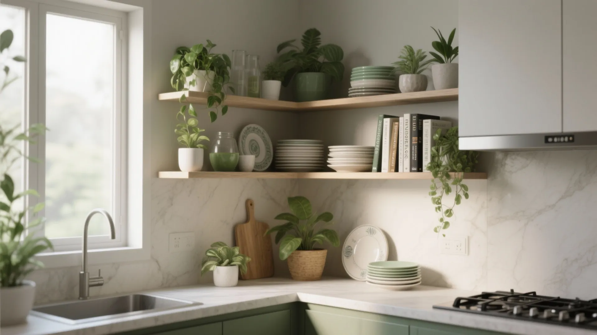Open corner shelves styled with plants, cookbooks, and ceramics in a small kitchen