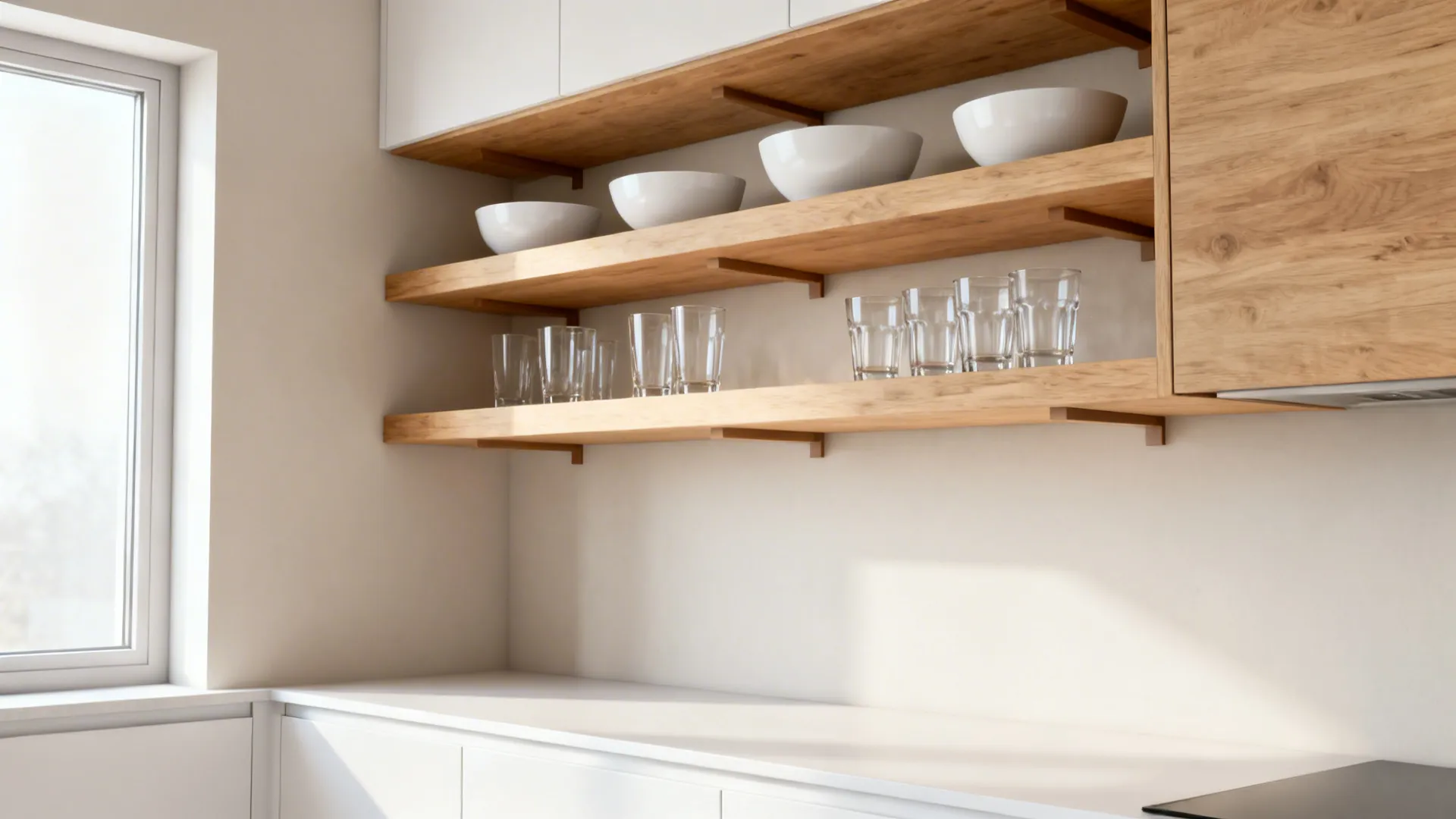 Open corner shelves in light oak display white bowls and glasses, creating an airy feel in a small kitchen.