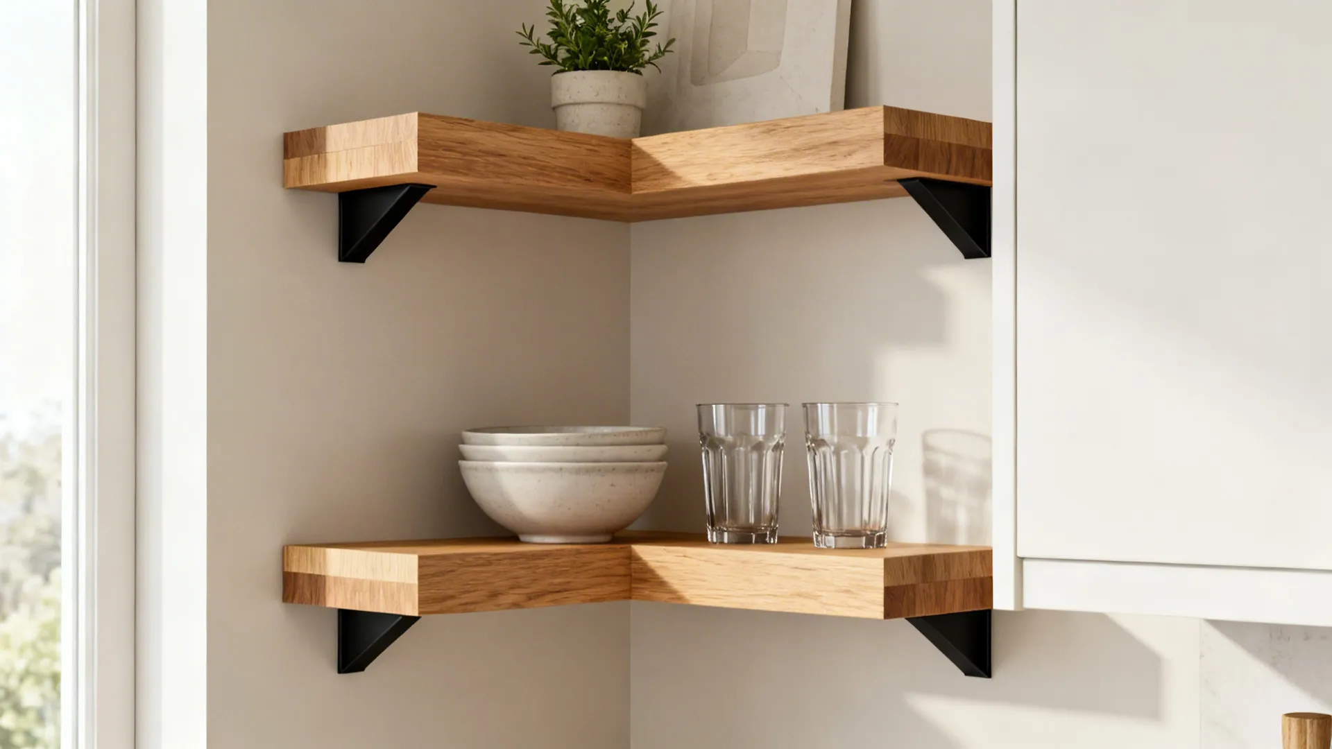 Floating oak corner shelves with bowls and glasses brighten a small L-shaped kitchen.