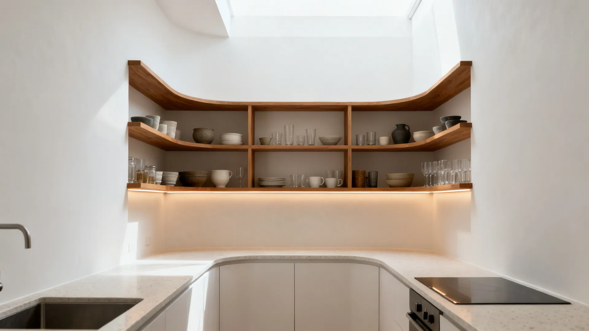 Open oak shelves wrapping a kitchen corner with ceramics and subtle under-shelf LED lighting.