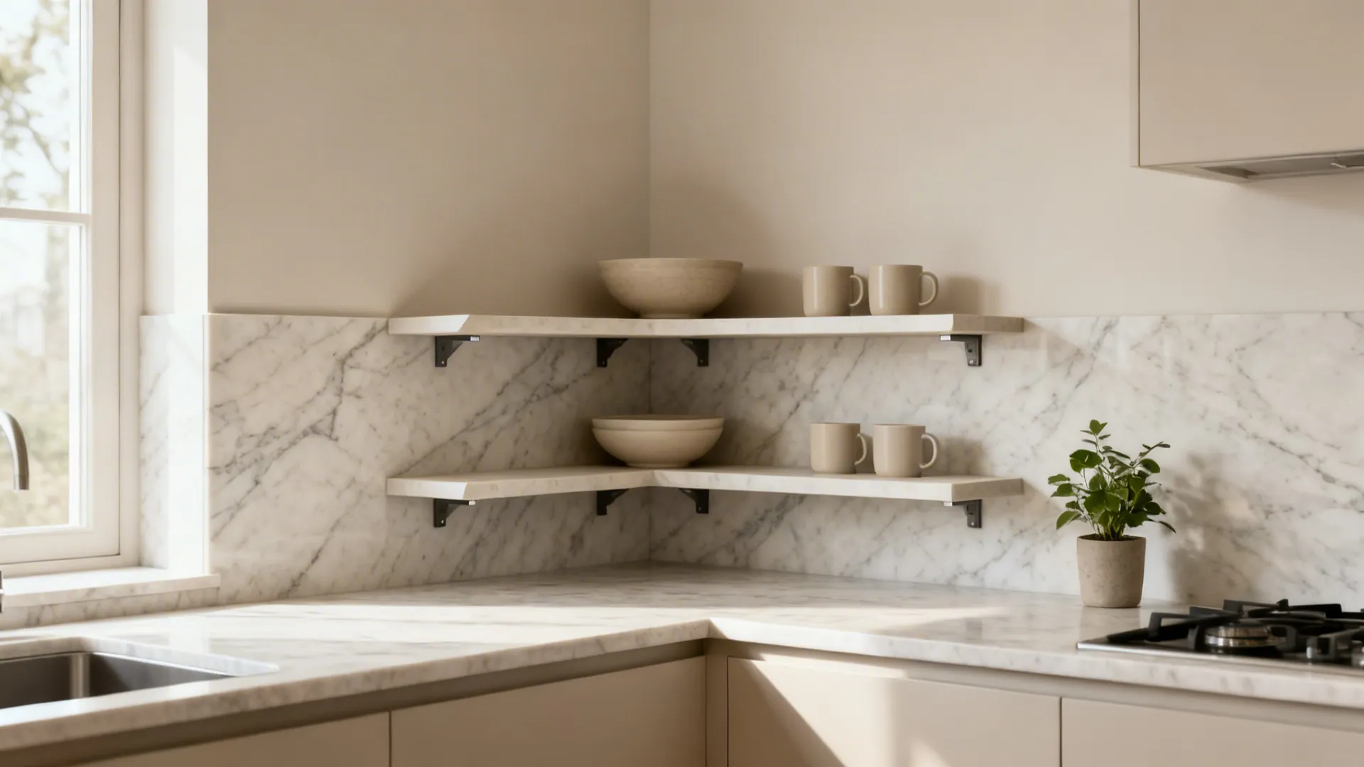 Open triangular corner shelves with a wrapped quartz backsplash and curated neutral dishes.