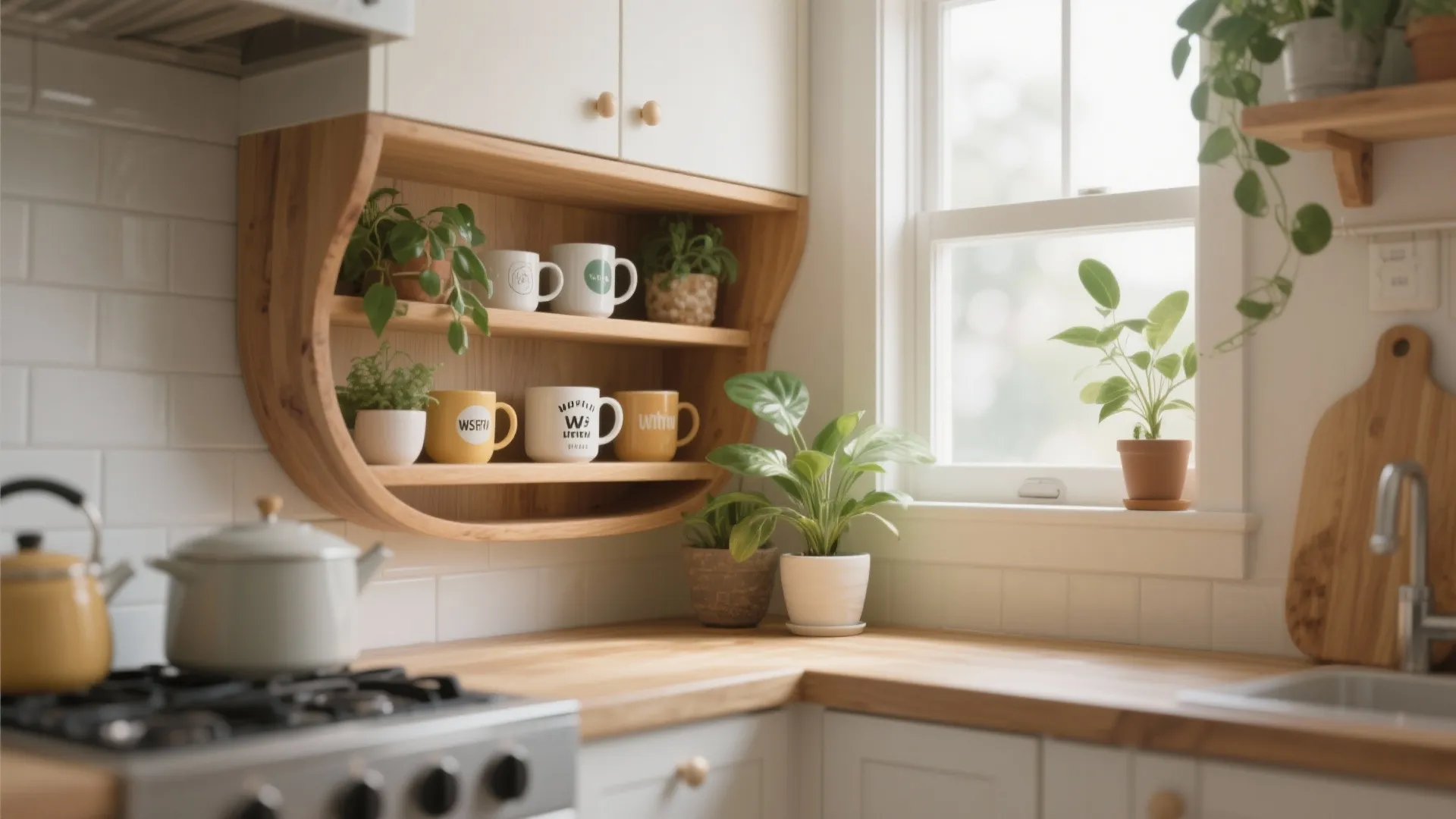 Wooden wall shelf with colorful mugs and green plants in a bright cozy kitchen scene