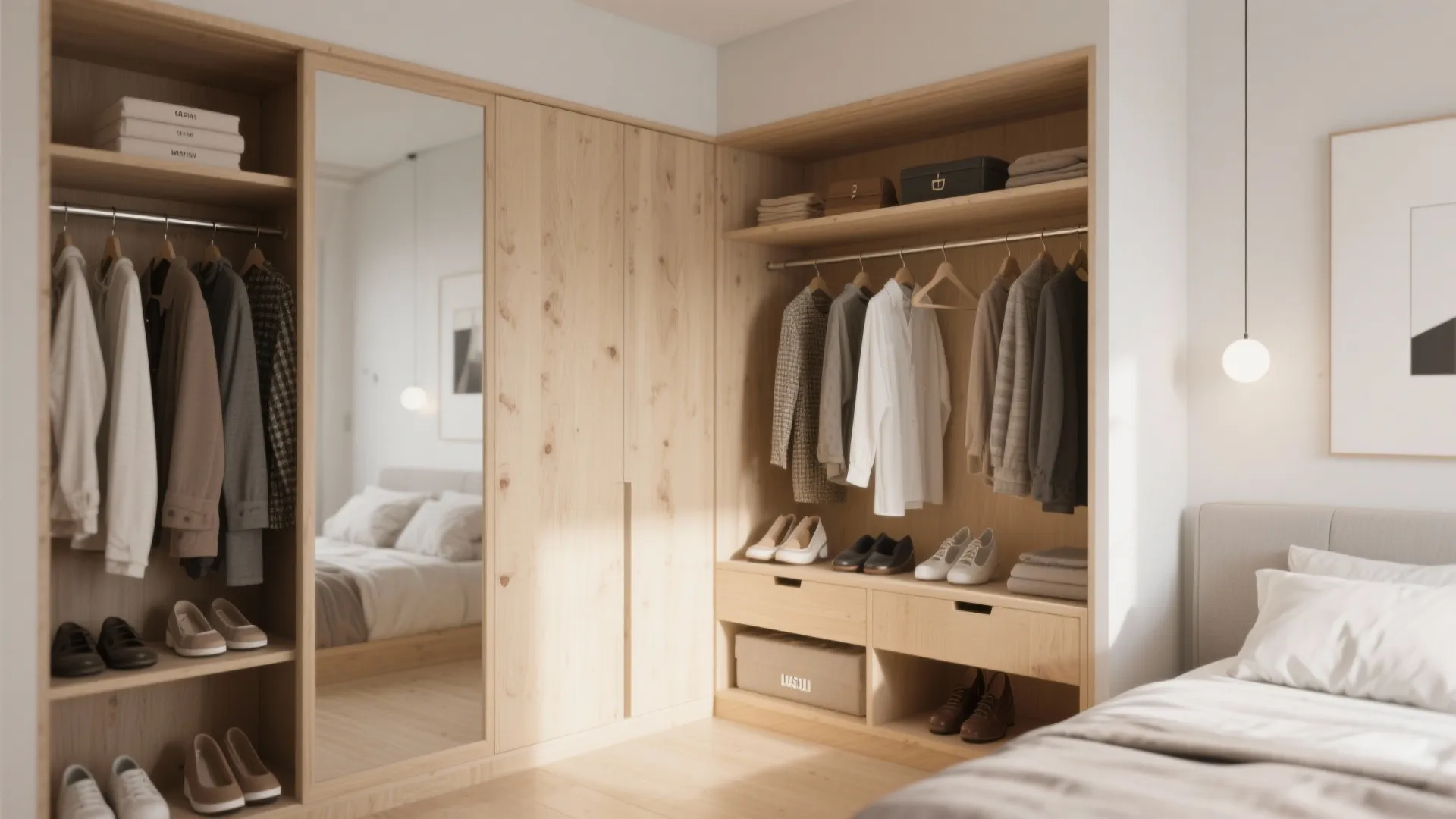 Open corner wardrobe with clothes and shelves in small bedroom