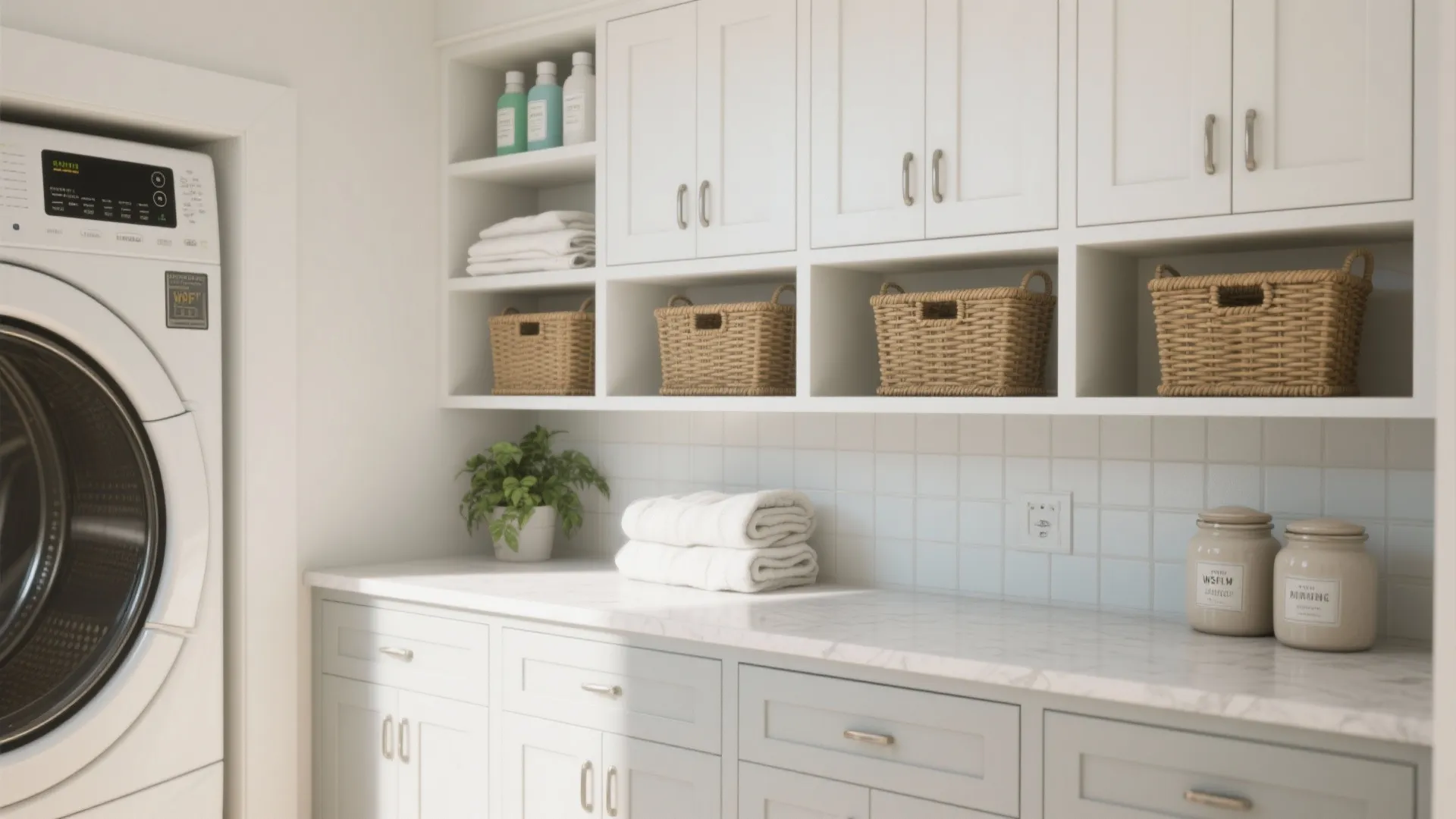 Laundry wall combining open cubbies with woven baskets and closed cabinets for tidy storage.