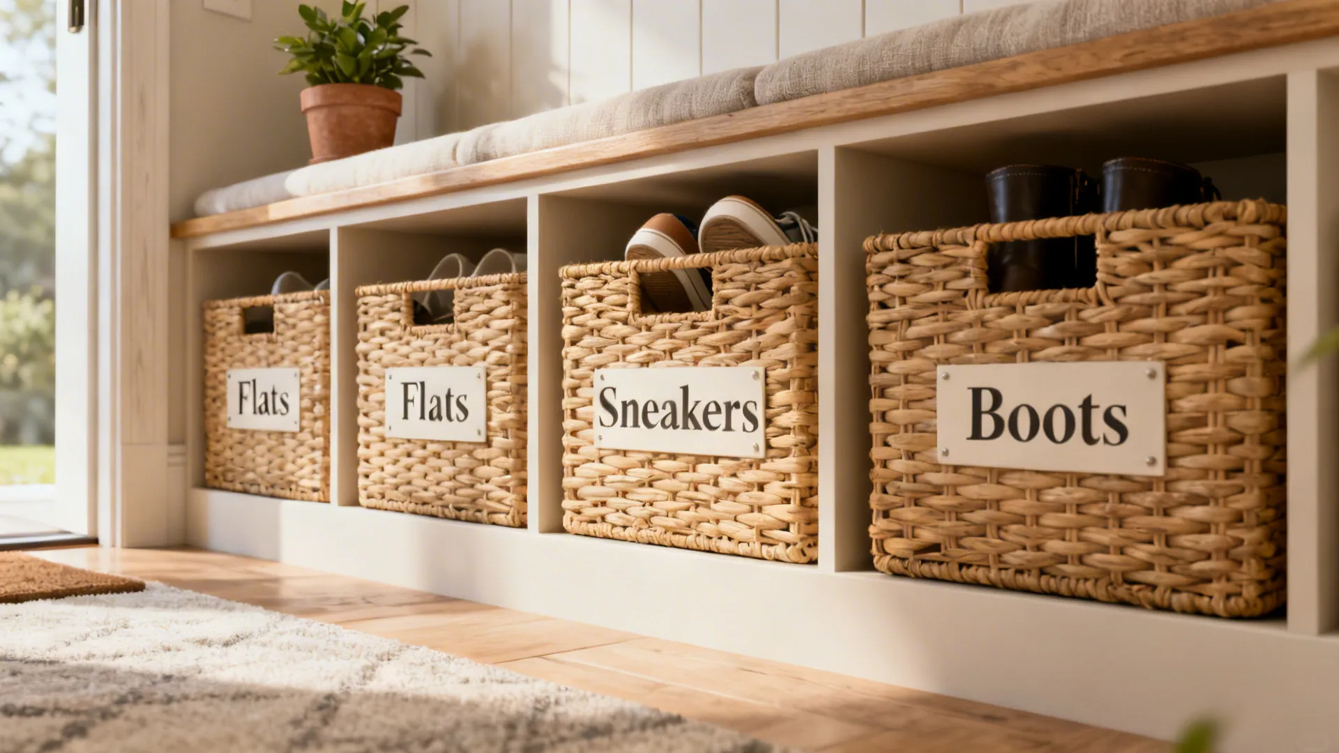 Open cubby shelving with labeled woven baskets holding different types of shoes in a bright entryway.