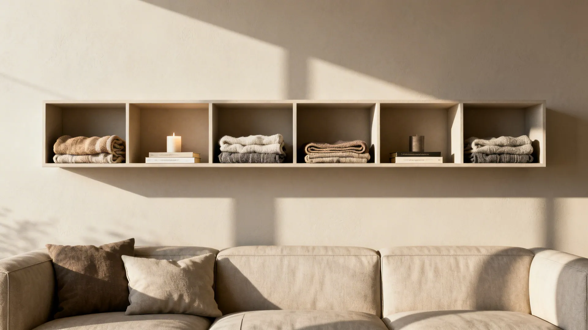 Shallow wall-mounted cubbies filled with folded blankets and small decor items above a sofa.