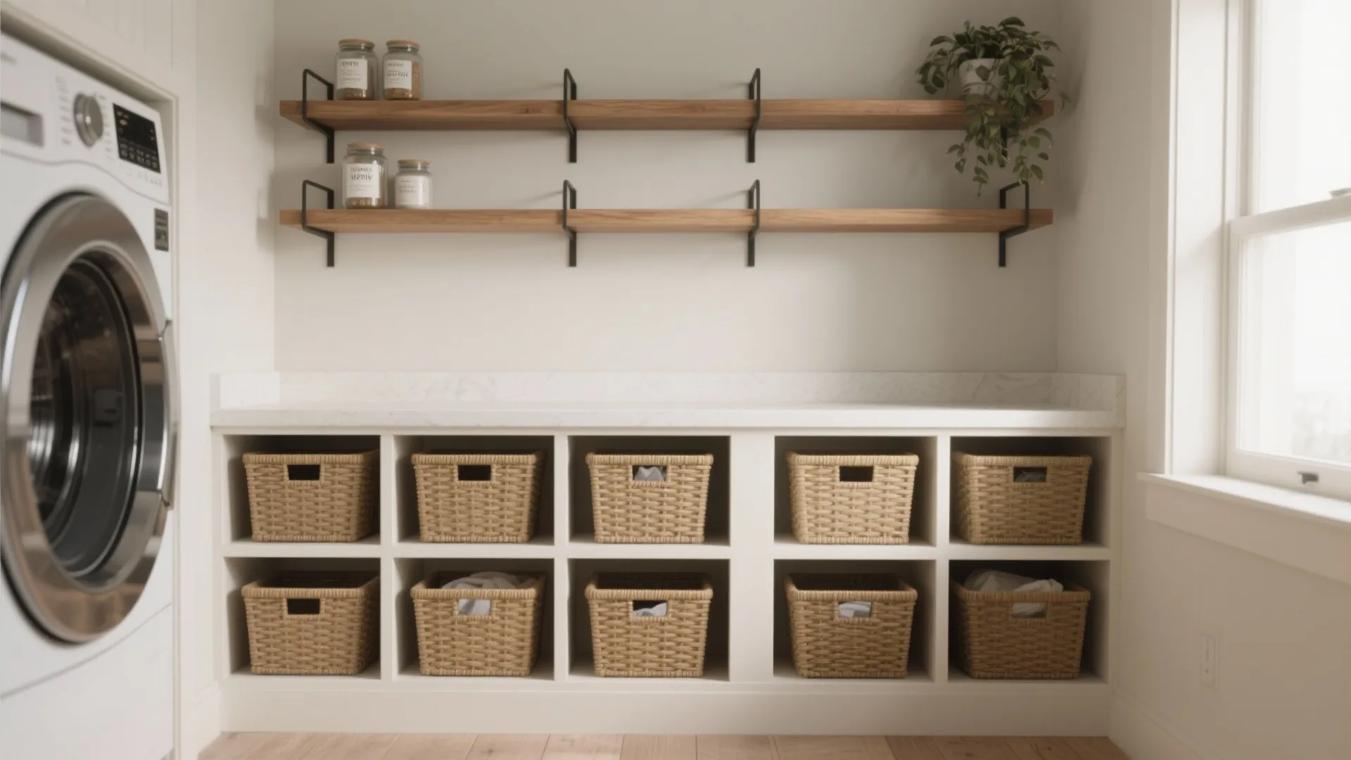 Organized laundry room featuring white storage cabinets with woven baskets wooden shelves and washing machine