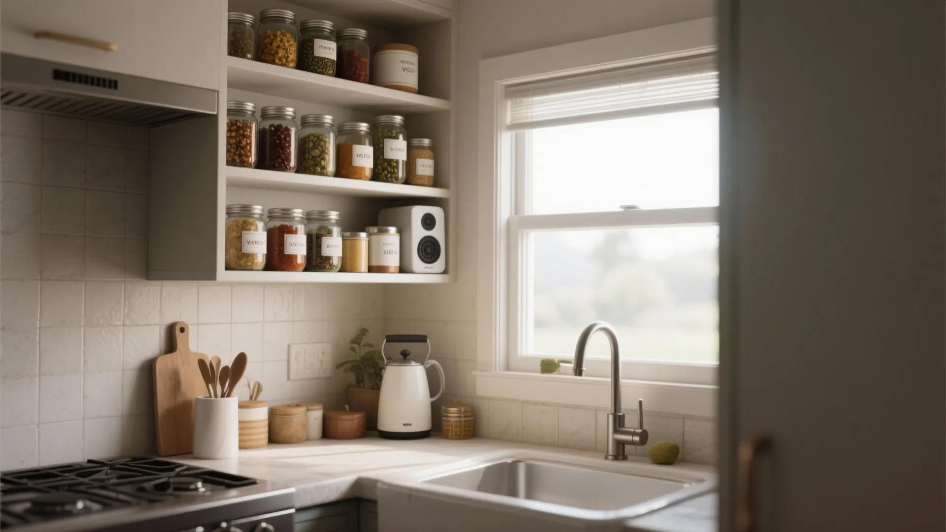 Bright kitchen with open white shelves holding spice jars above a sink and marble countertop