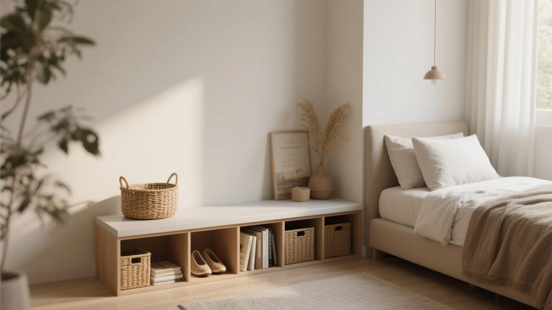 3. Narrow bench with open cubbies