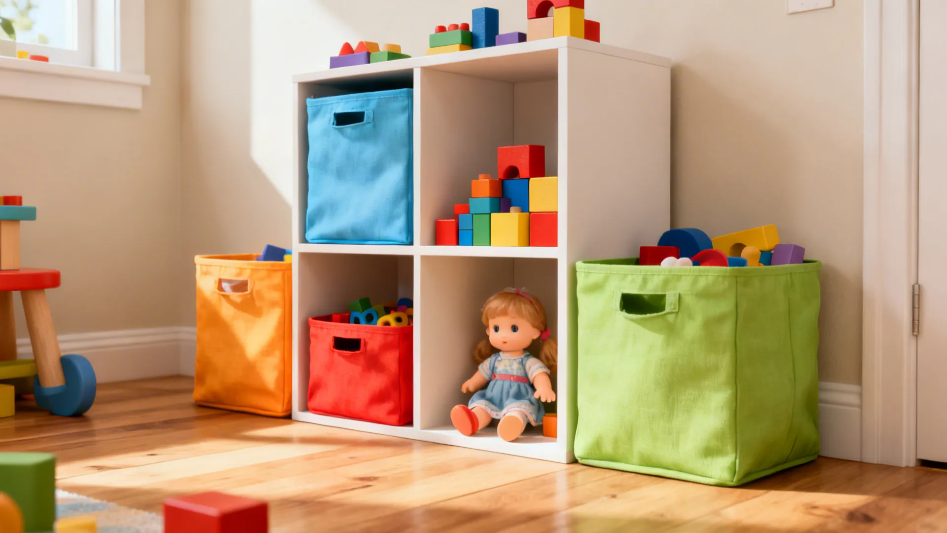 Open cube shelving with colorful fabric baskets holding toys in a tidy play corner