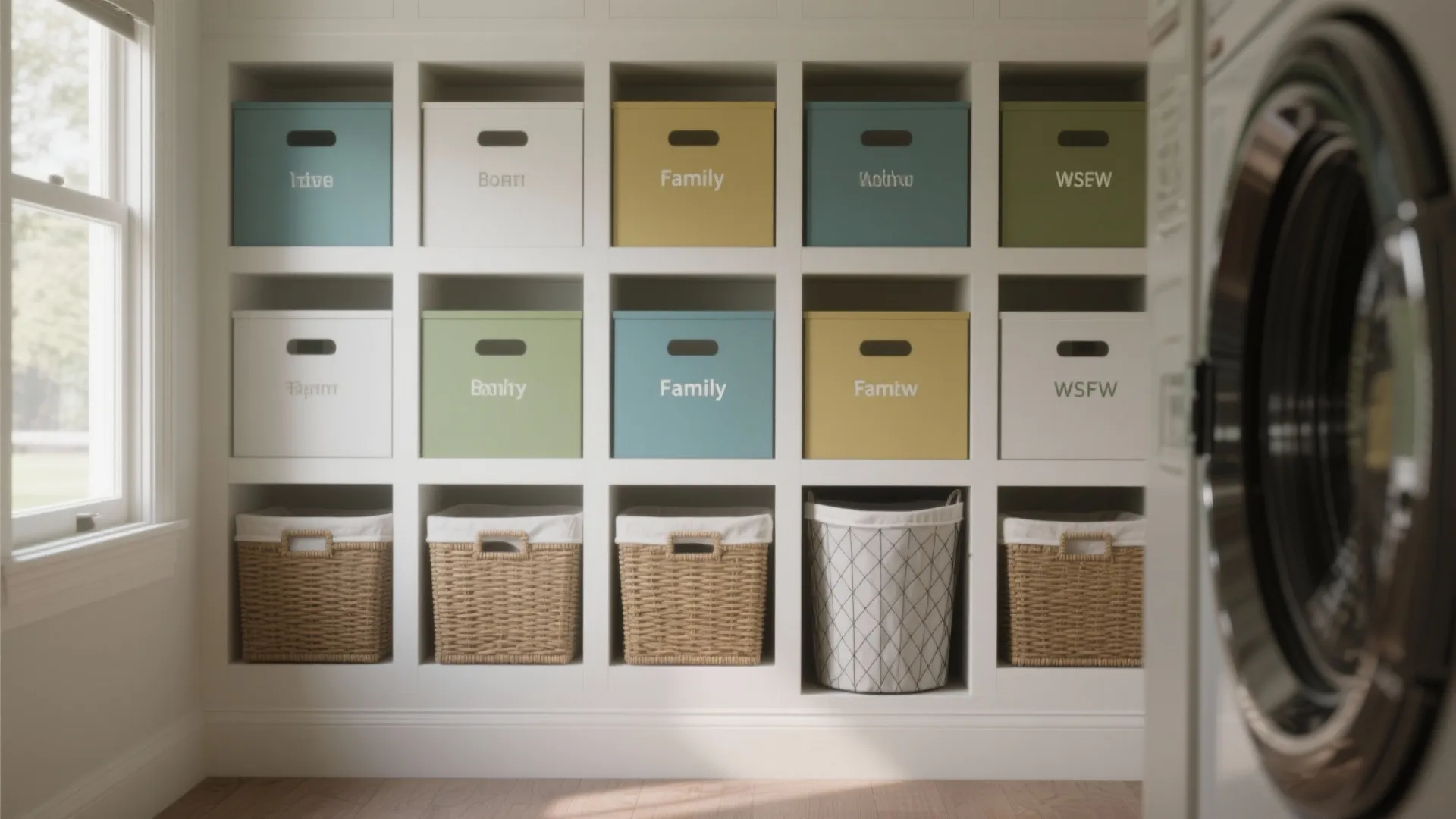 Laundry room storage wall featuring colorful plastic boxes and woven baskets next to washing machine