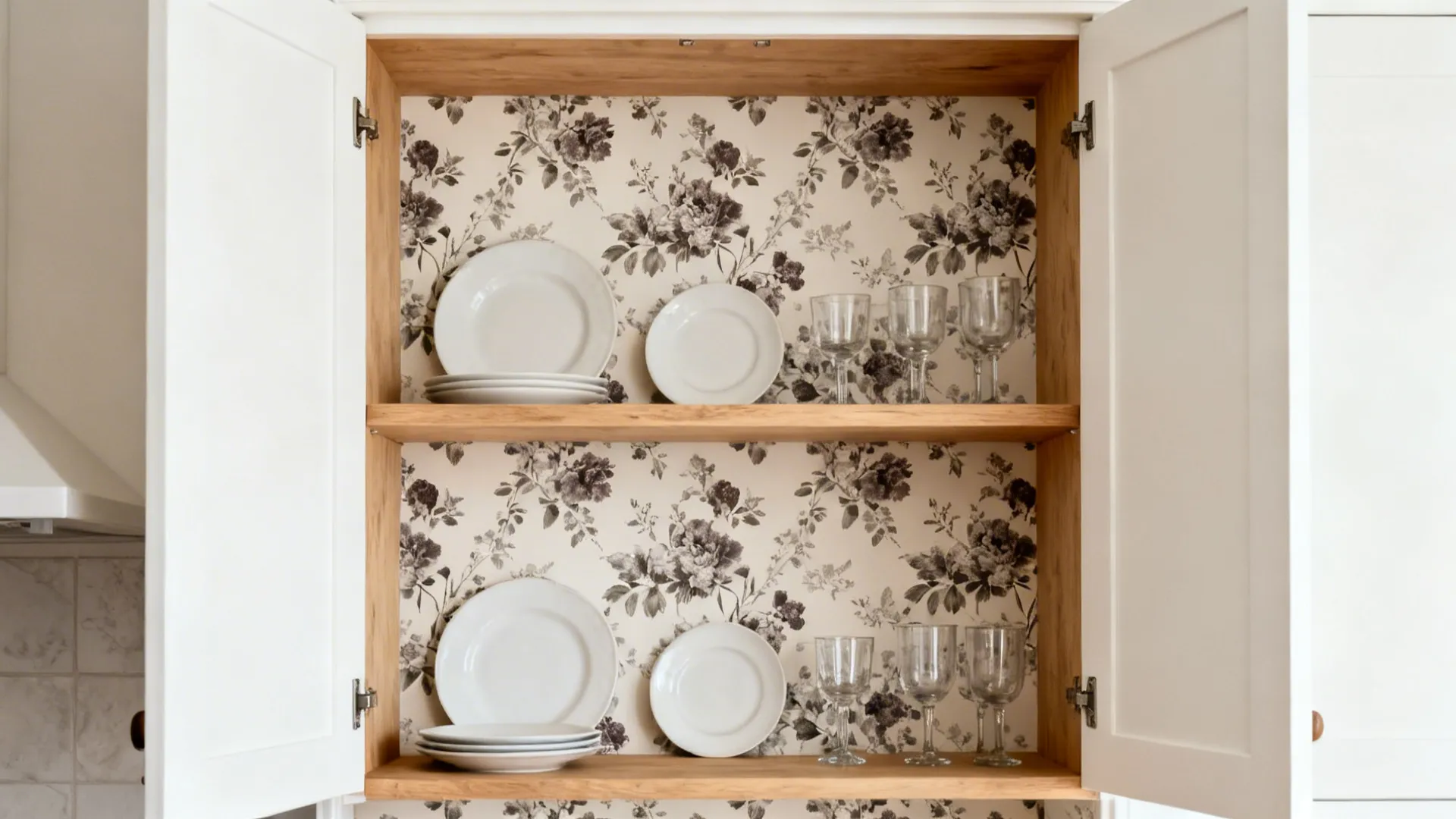 5) Floral Liners and Hidden Backs for Open Cupboards