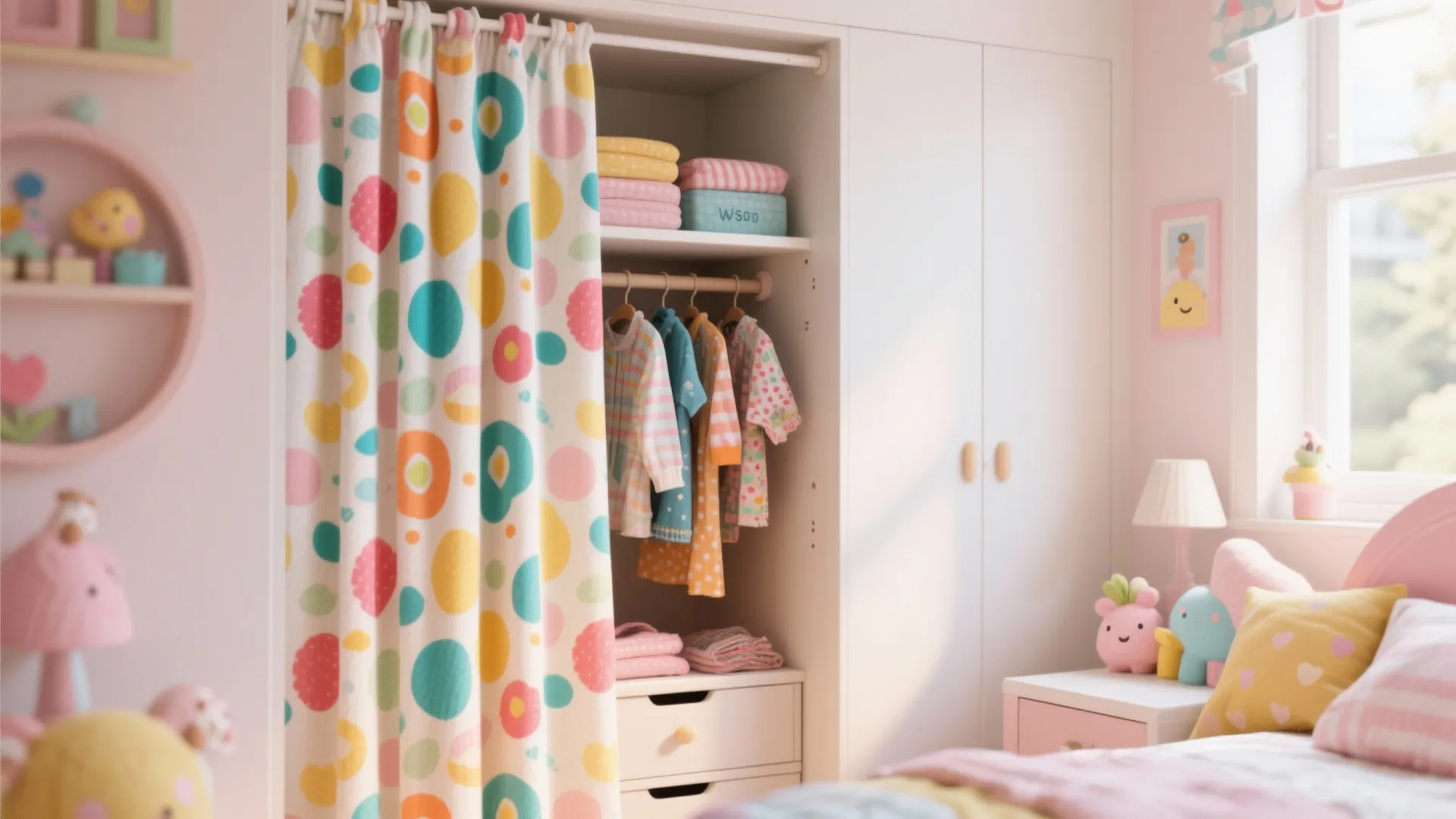Open wardrobe with curtain cover