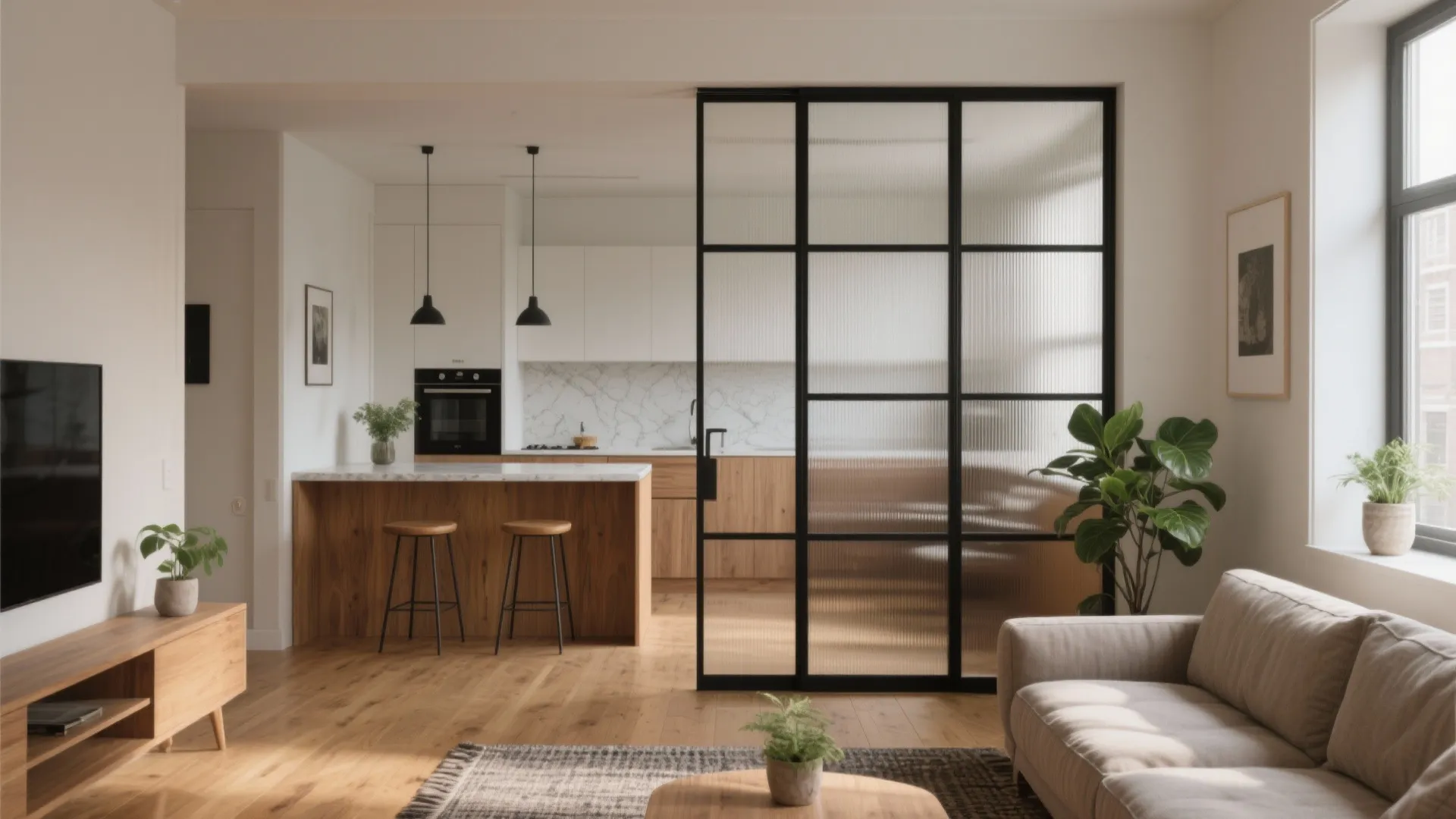Open plan living area and kitchen separated by a black frame glass sliding door partition