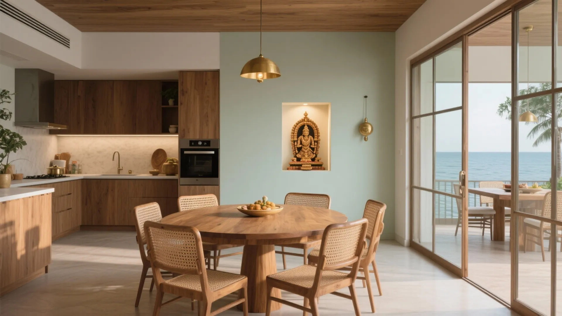 Open-Plan Dining with a Pooja Niche: Social, Seamless, Respectful