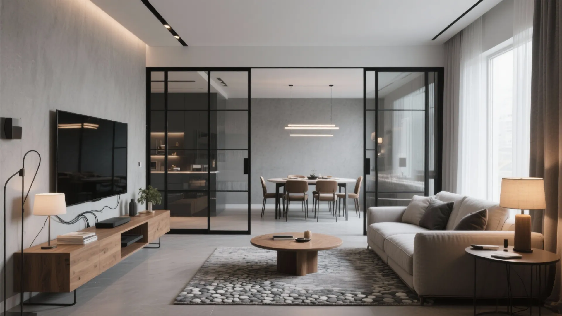 Idea 2: Open Living-Dining with Sliding Glass Partitions